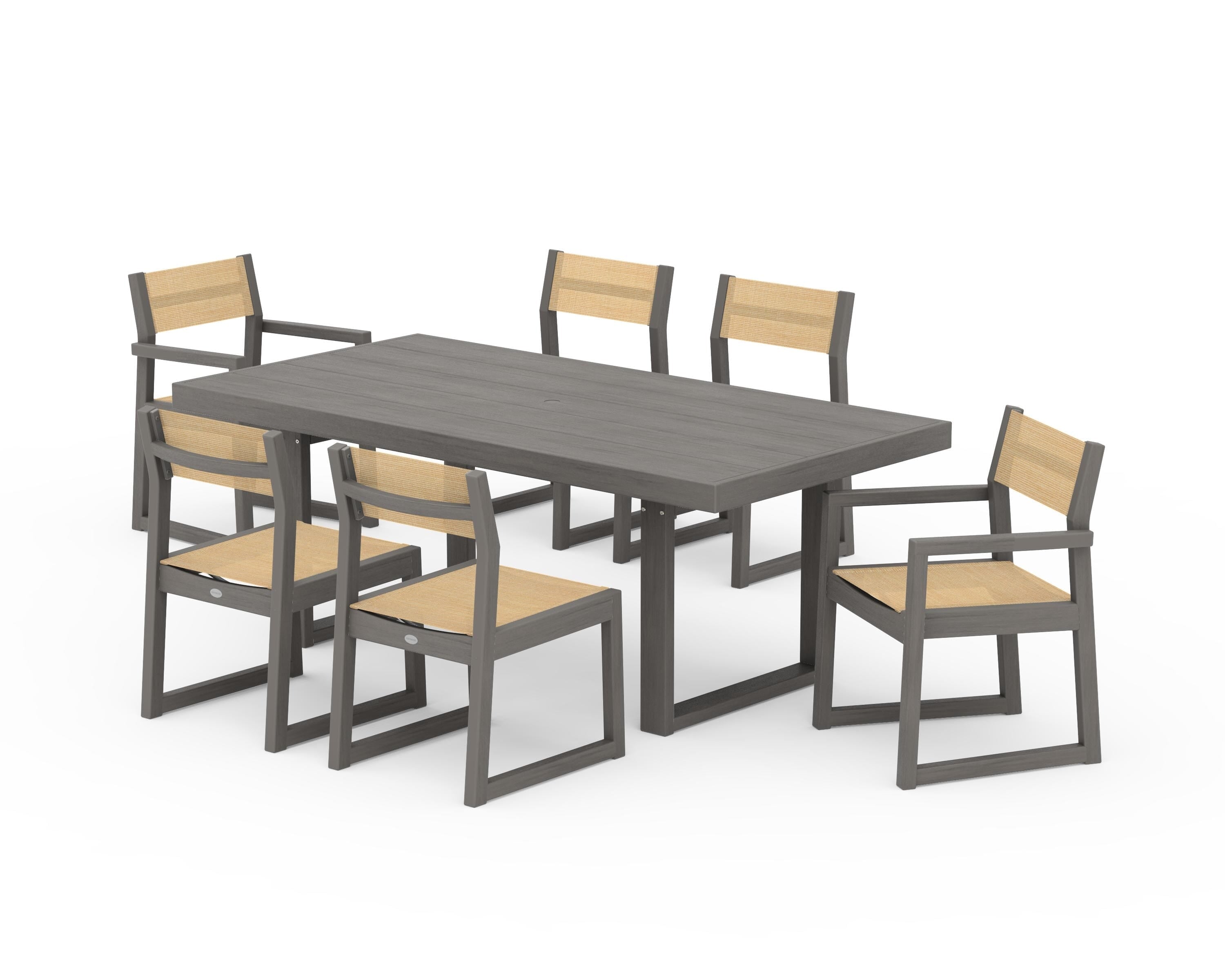 POLYWOOD EDGE Sling 7-Piece Dining Set in Driftwood / Dupioni Apricot Sling
