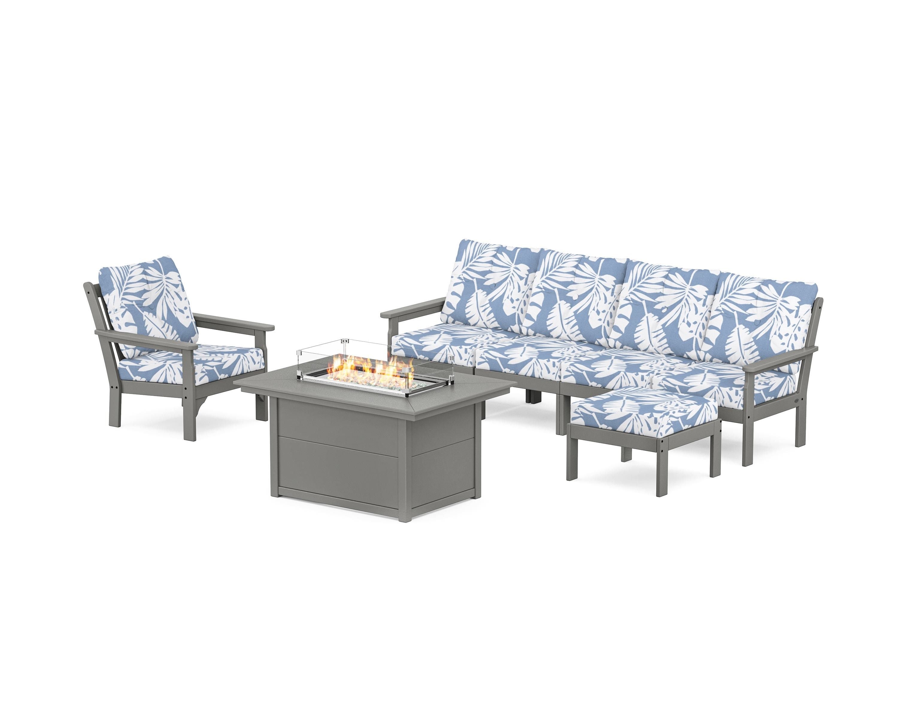 POLYWOOD Vineyard Sectional Lounge and Fire Pit Set in Slate Grey / Leaf Sky Blue