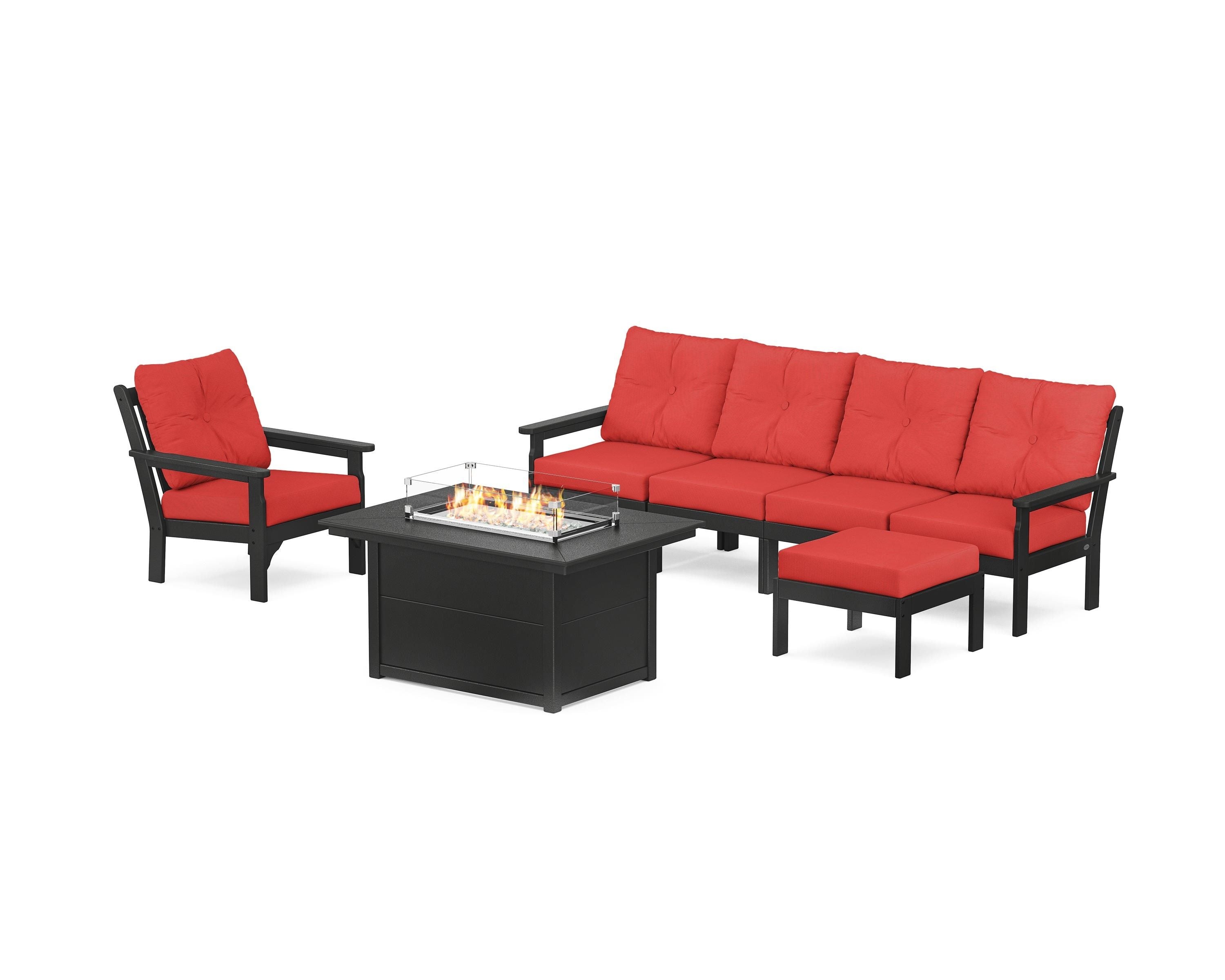 POLYWOOD Vineyard Sectional Lounge and Fire Pit Set in Black / Crimson Linen