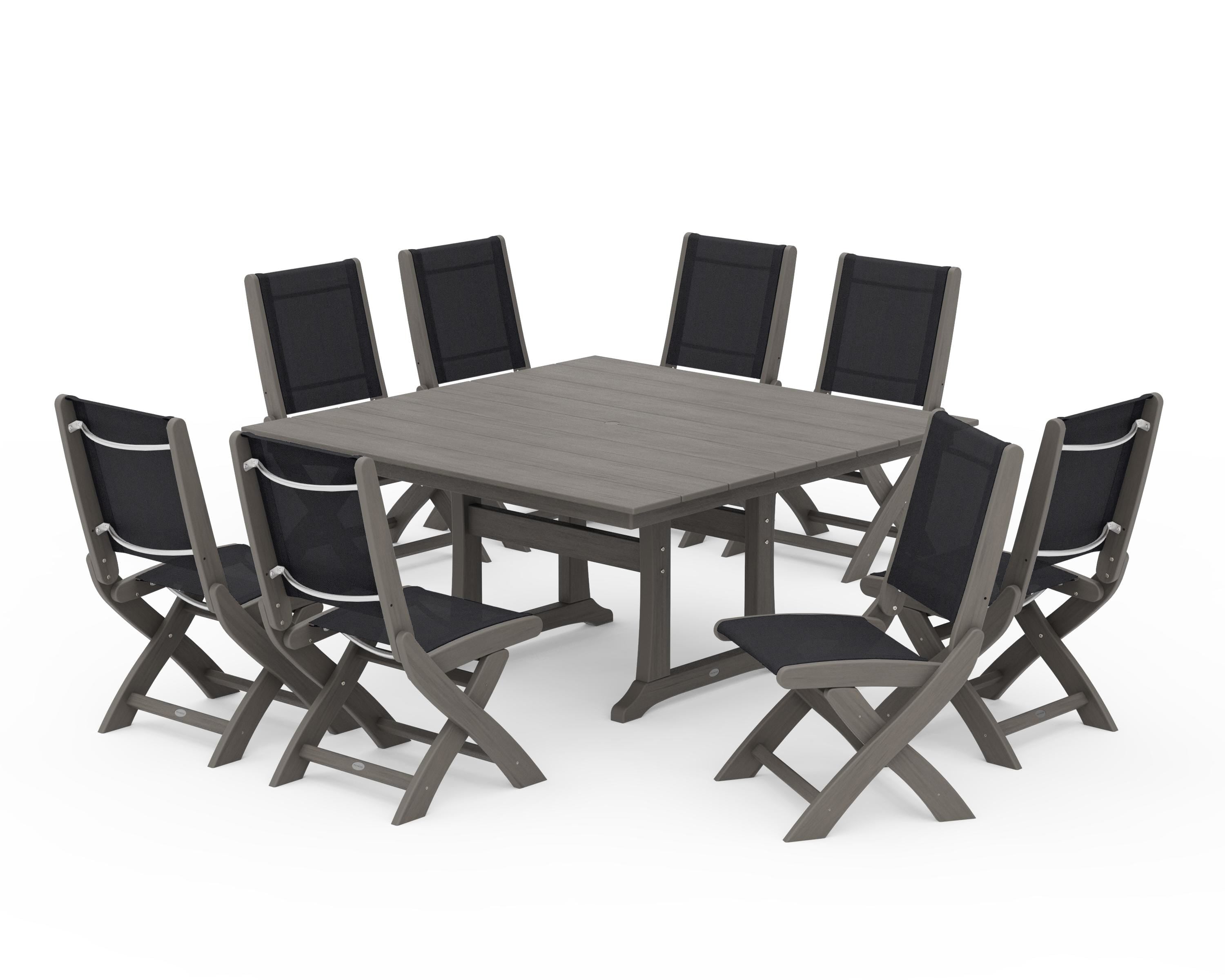 POLYWOOD Coastal Folding Side Chair 9-Piece Farmhouse Dining Set in Driftwood / Black Sling