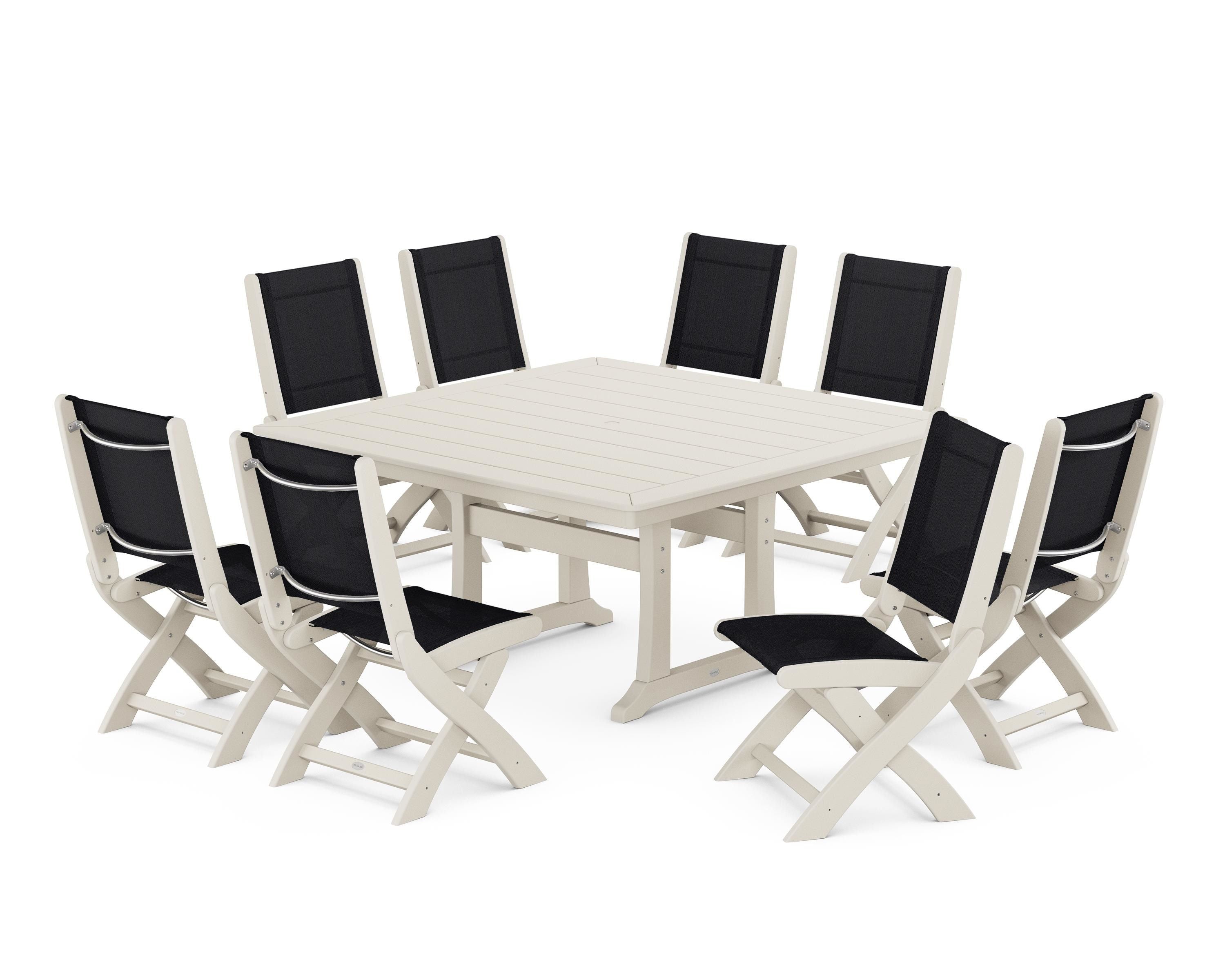 POLYWOOD Coastal Folding Side Chair 9-Piece Dining Set with Trestle Legs in Sand / Black Sling