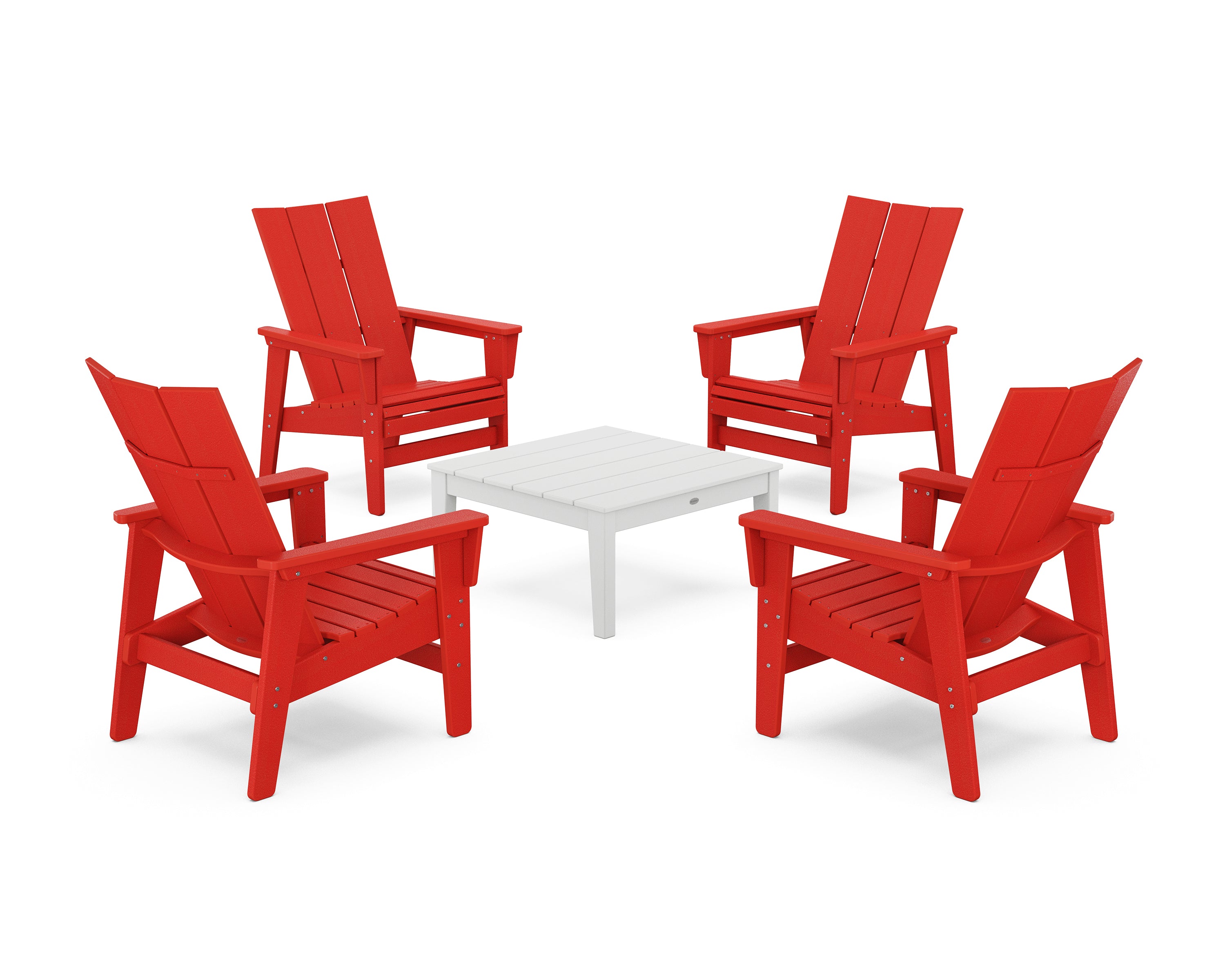 POLYWOOD 5-Piece Modern Grand Upright Adirondack Chair Conversation Group in Sunset Red / White