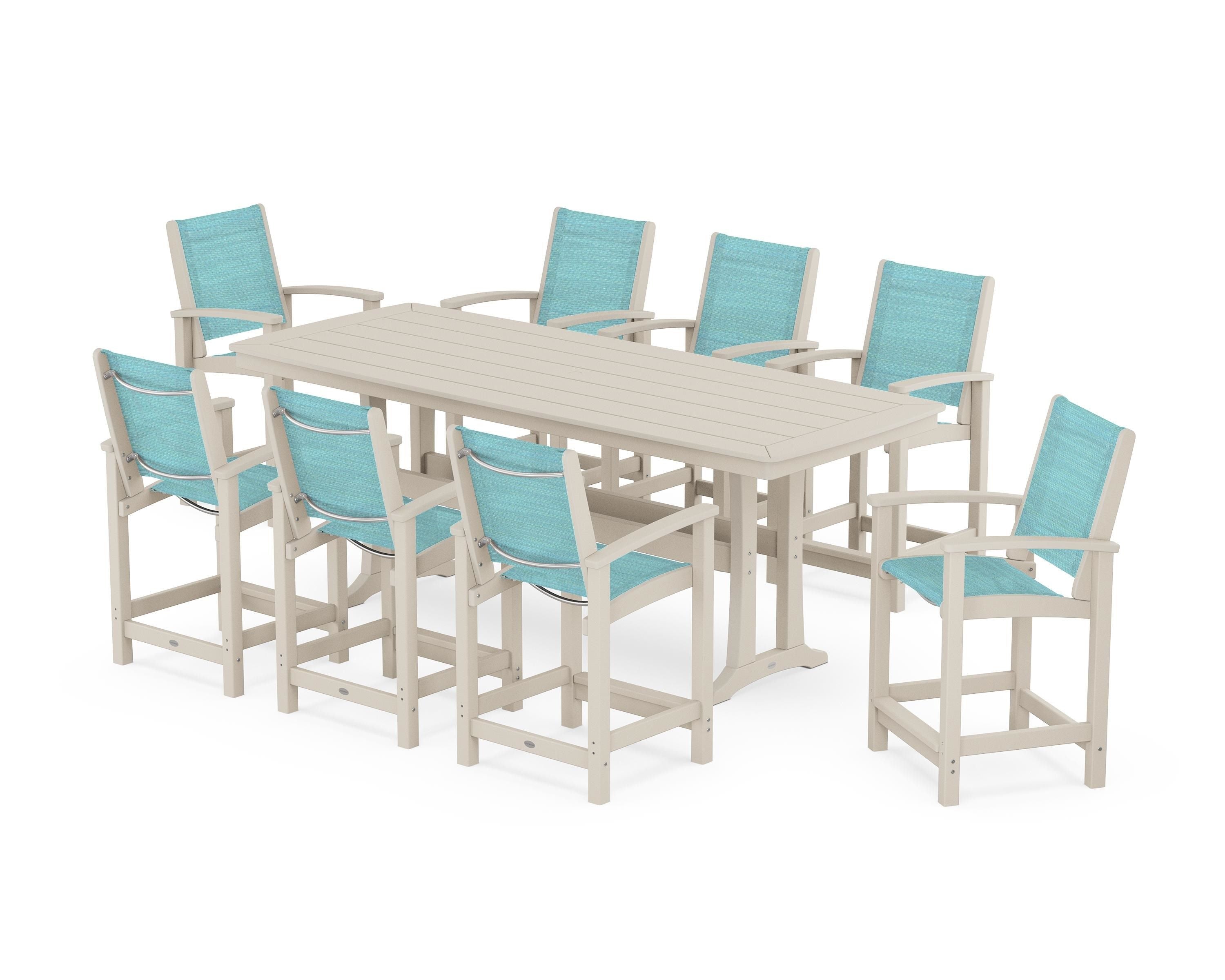 POLYWOOD Coastal 9-Piece Counter Set with Trestle Legs in Sand / Dupioni Aquamarine Sling