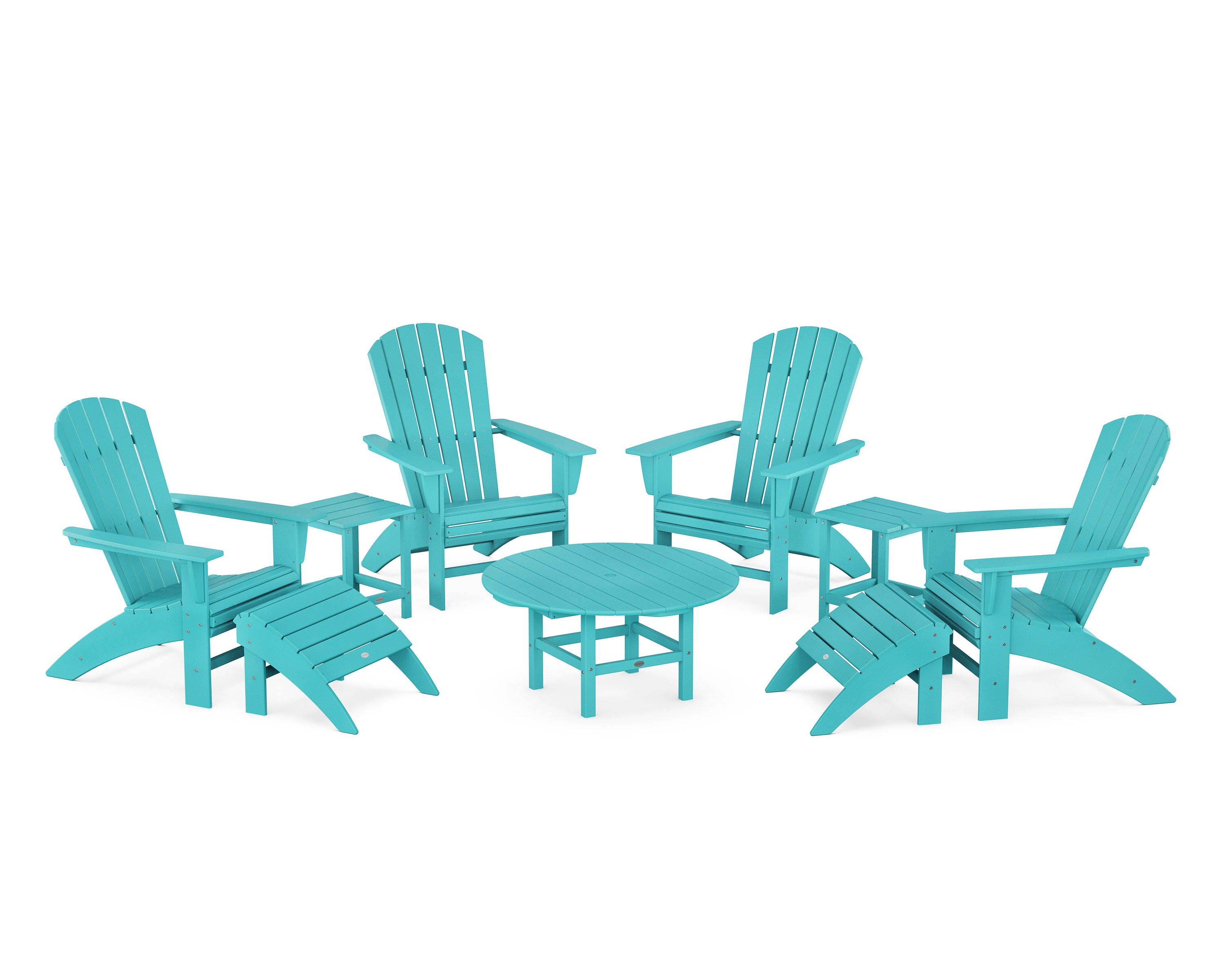 POLYWOOD® Nautical Curveback Adirondack Chair 9-Piece Conversation Set in Aruba