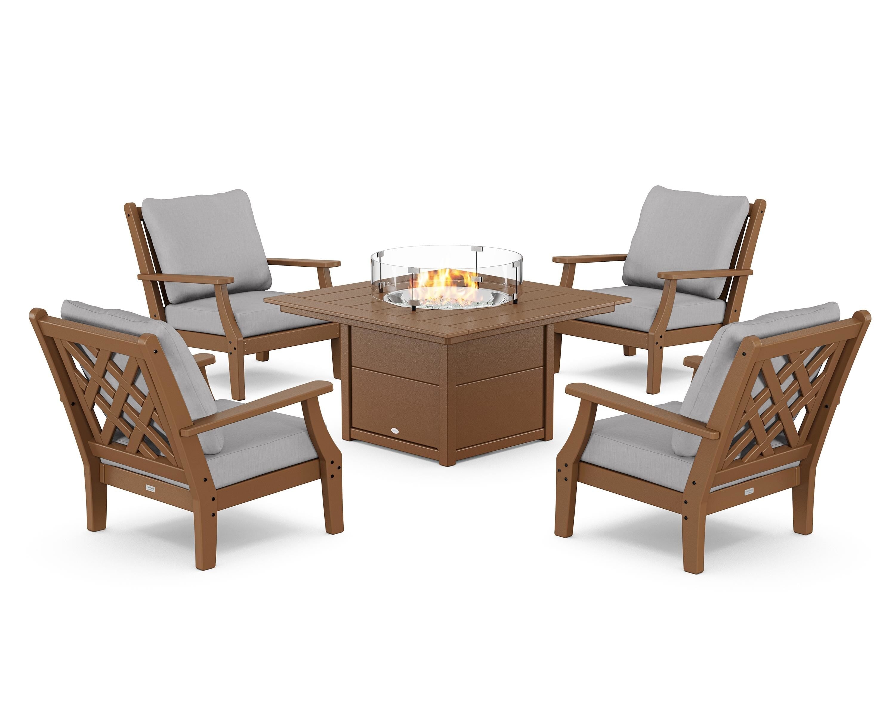 Country Living Wovendale 5-Piece Deep Seating Set with Fire Pit Table in Teak / Granite