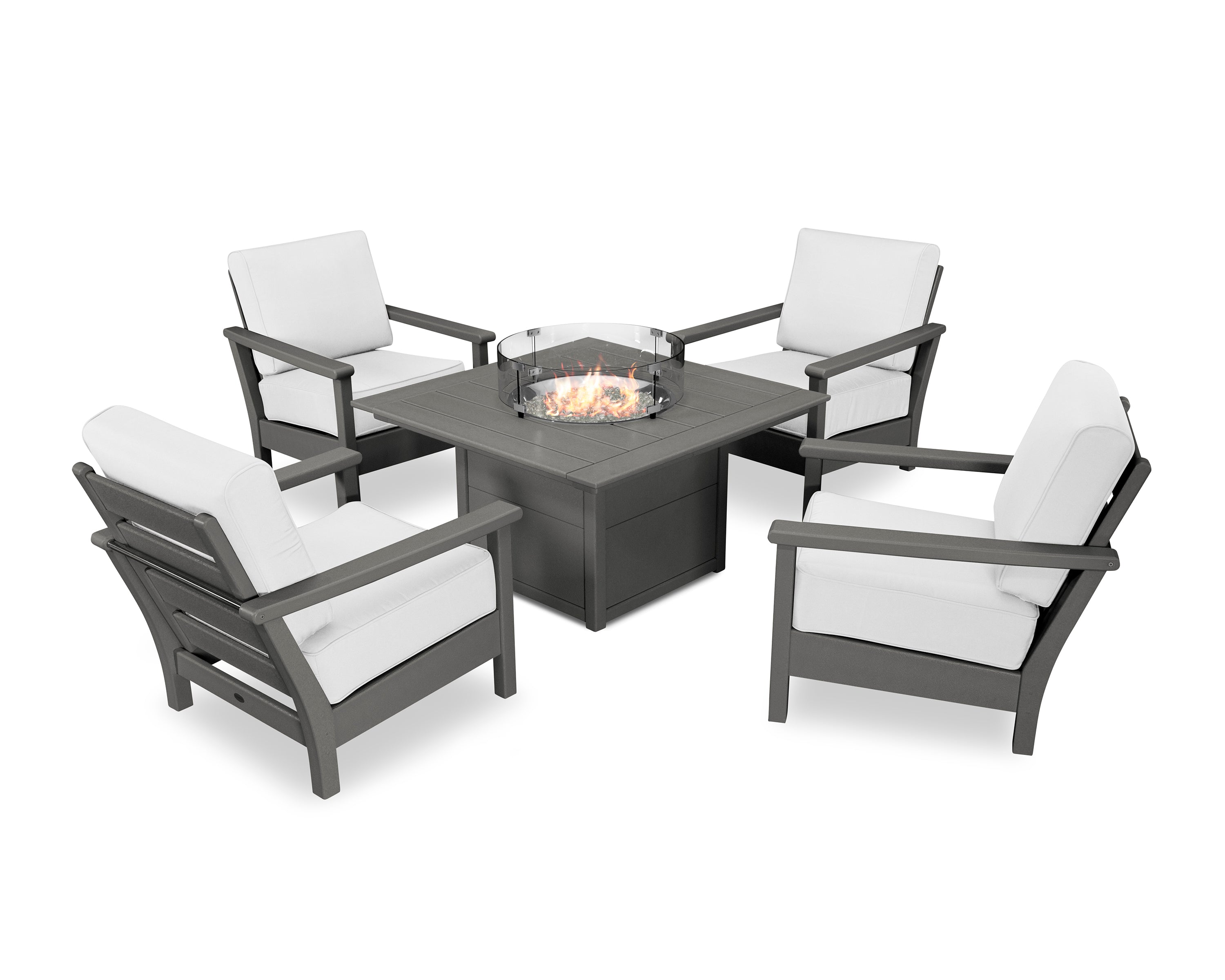 POLYWOOD Harbour 5-Piece Conversation Set with Fire Pit Table in Slate Grey / Natural
