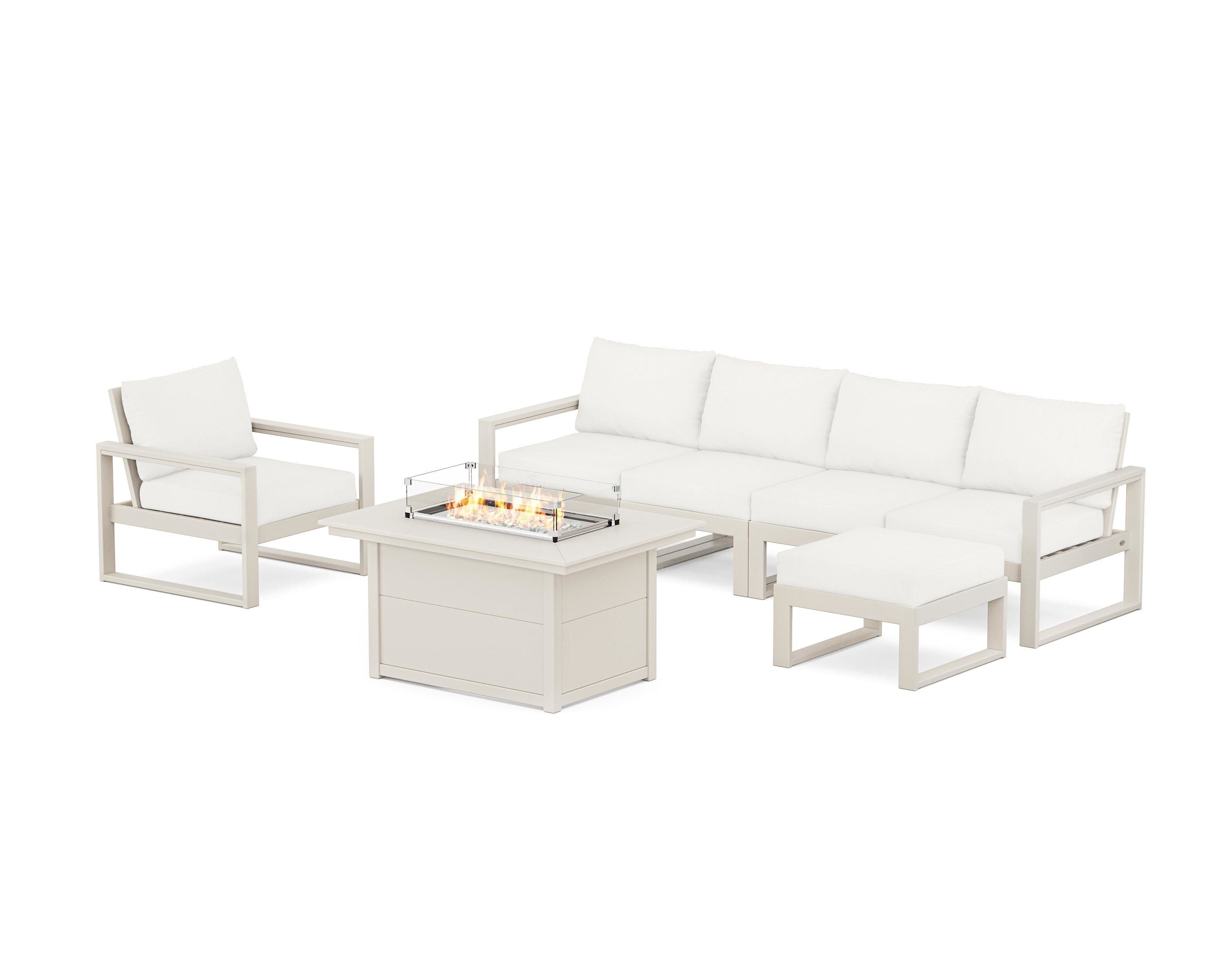 POLYWOOD EDGE Sectional Lounge and Fire Pit Set in Sand / Natural Linen
