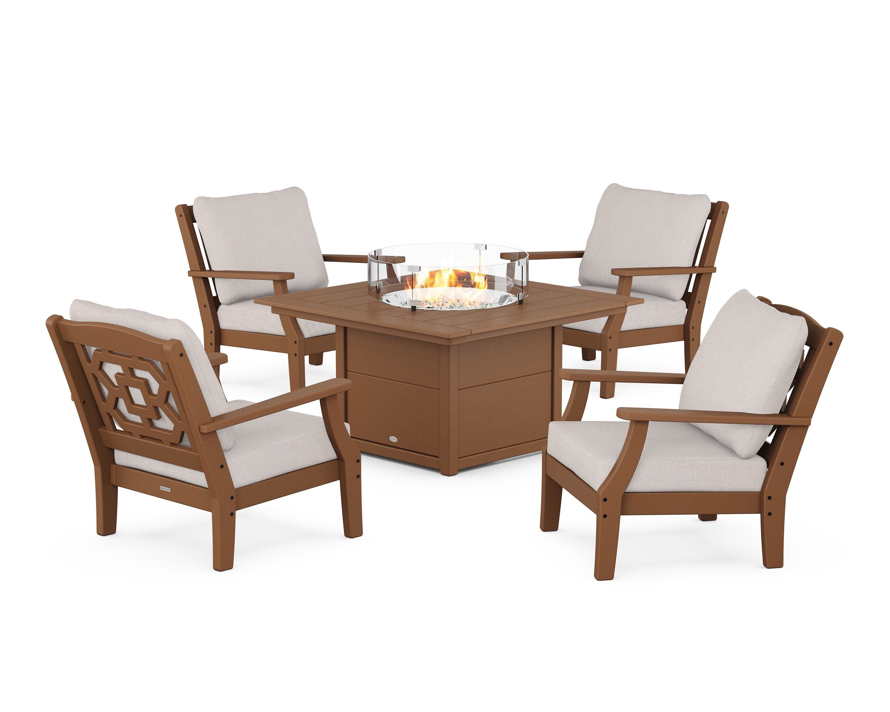Martha Stewart by POLYWOOD Chinoiserie 5-Piece Deep Seating Set with Fire Pit Table in Teak / Dune Burlap