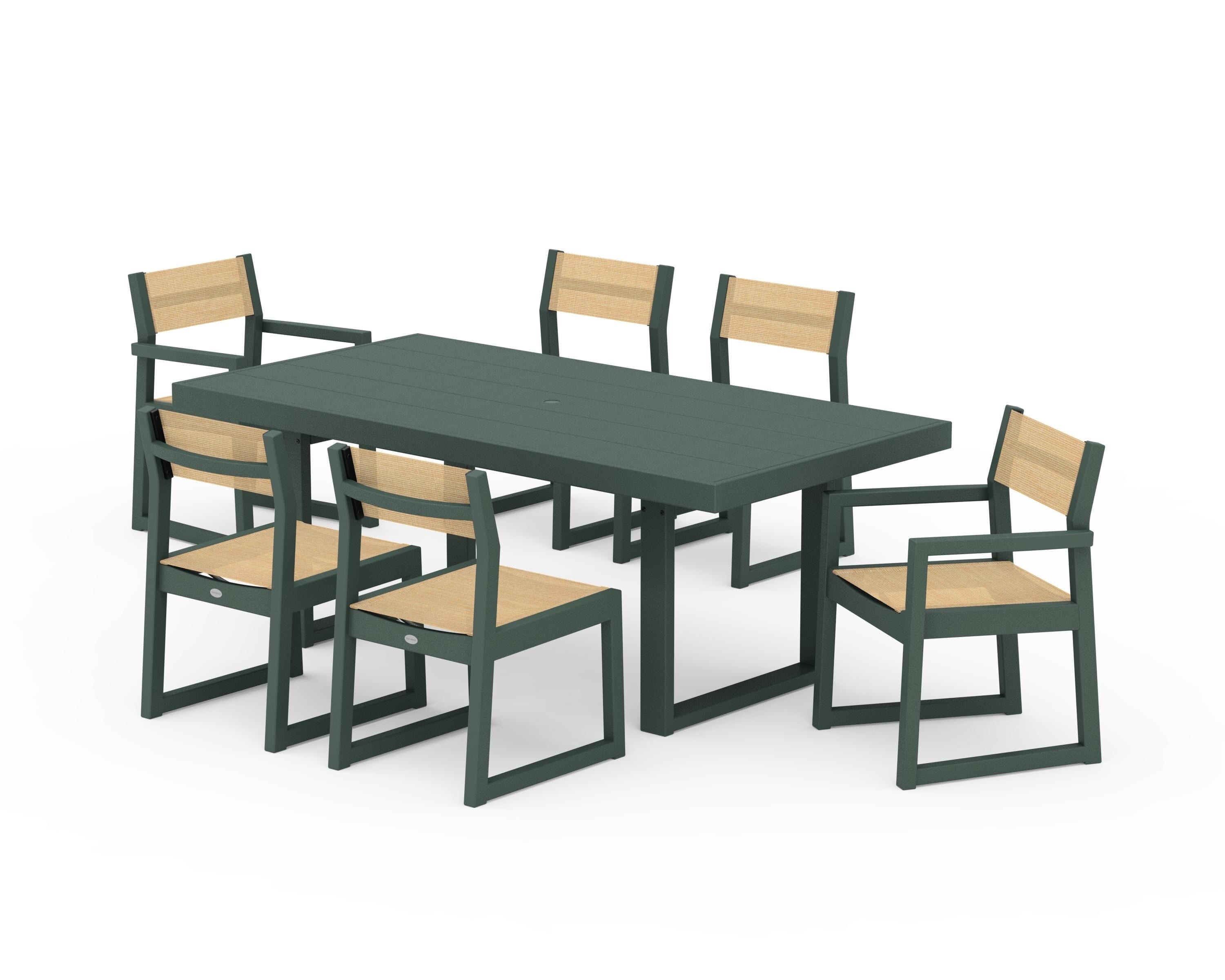 POLYWOOD EDGE Sling 7-Piece Dining Set in Green / Dupioni Apricot Sling