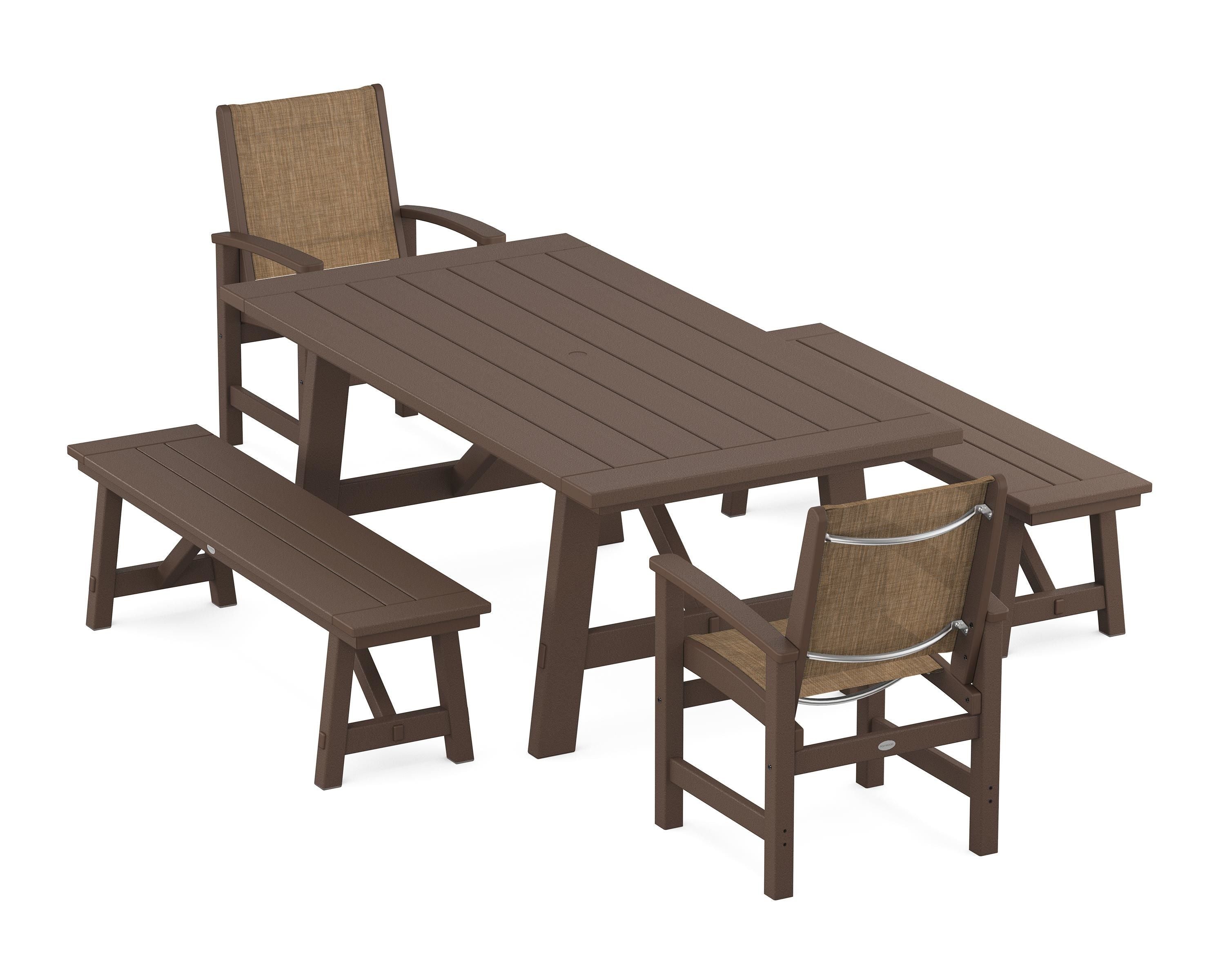 POLYWOOD Coastal 5-Piece Rustic Farmhouse Dining Set With Benches in Mahogany / Burlap Sling