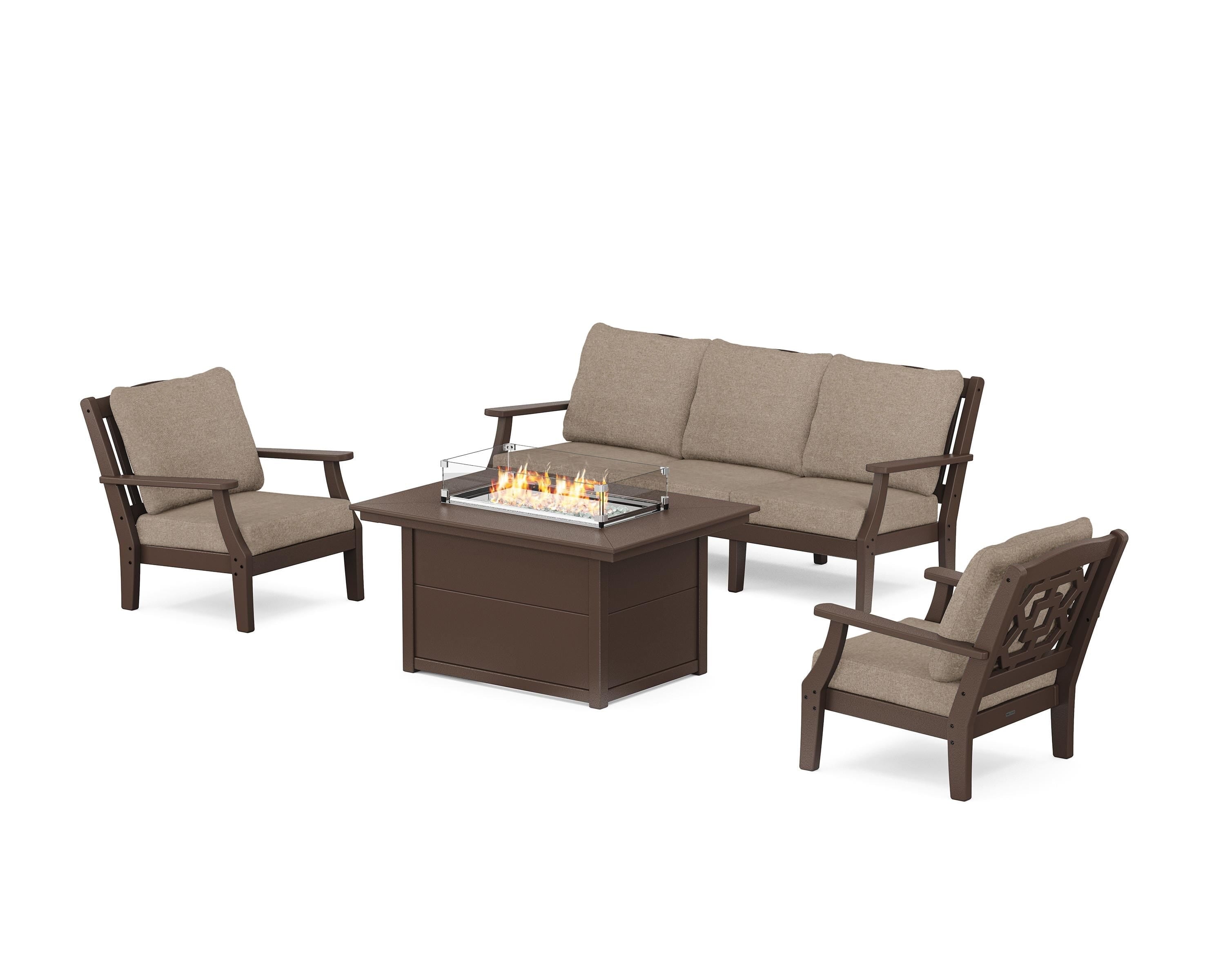 Martha Stewart by POLYWOOD Chinoiserie Deep Seating Fire Pit Table Set in Mahogany / Spiced Burlap