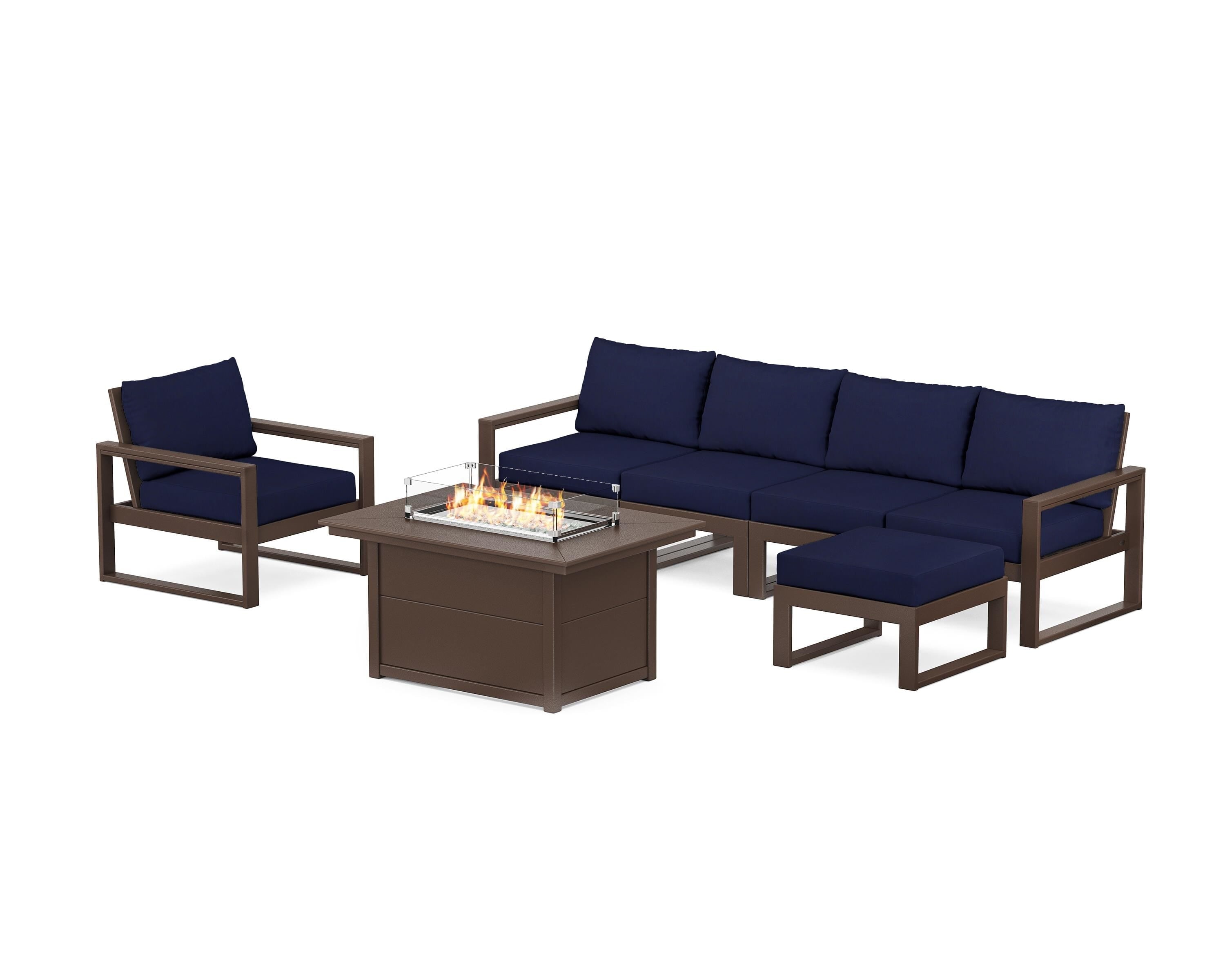 POLYWOOD EDGE Sectional Lounge and Fire Pit Set in Mahogany / Navy