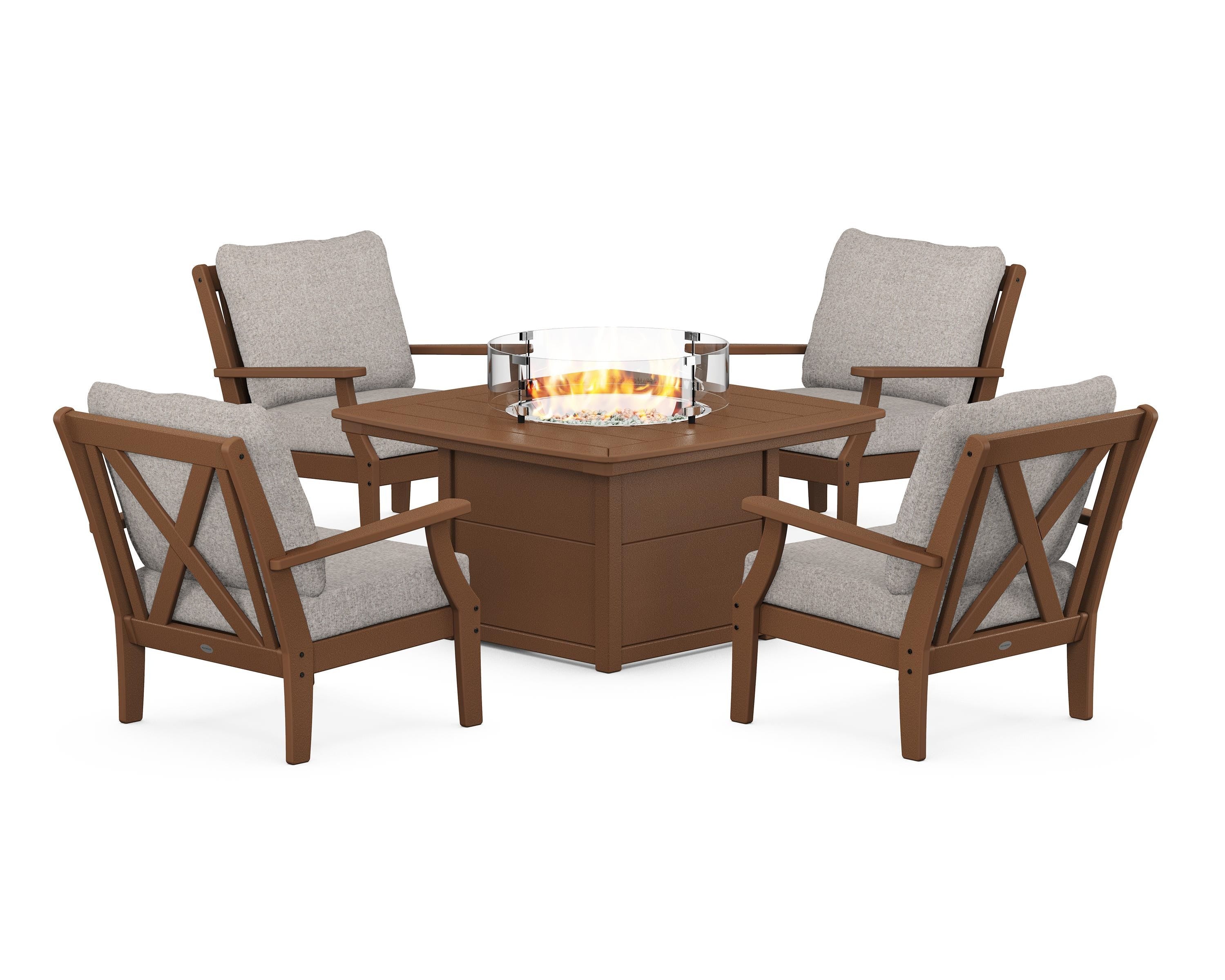 POLYWOOD Braxton 5-Piece Deep Seating Conversation Set with Fire Pit Table in Teak / Weathered Tweed