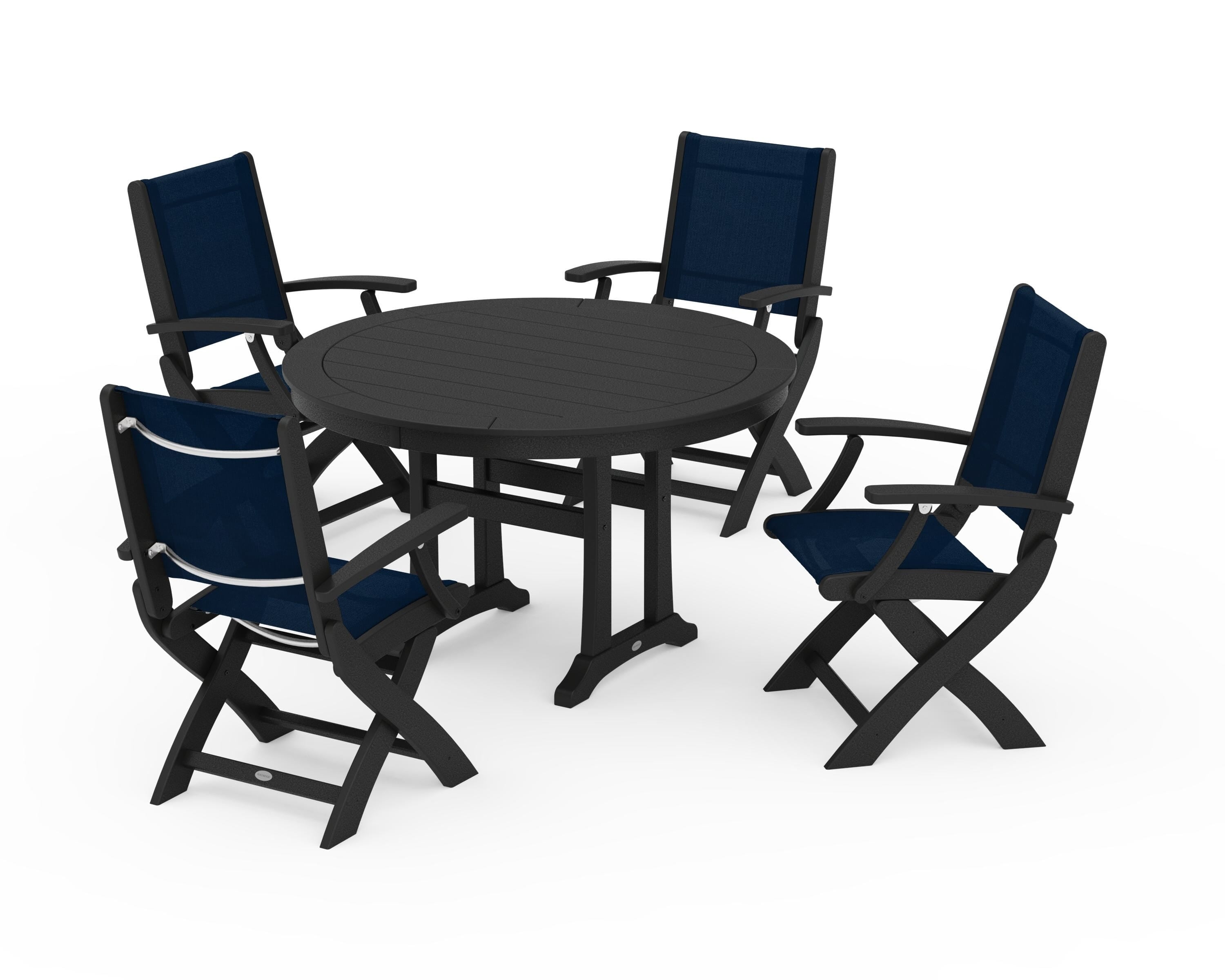 POLYWOOD Coastal Folding Chair 5-Piece Round Dining Set with Trestle Legs in Black / Navy Blue Sling