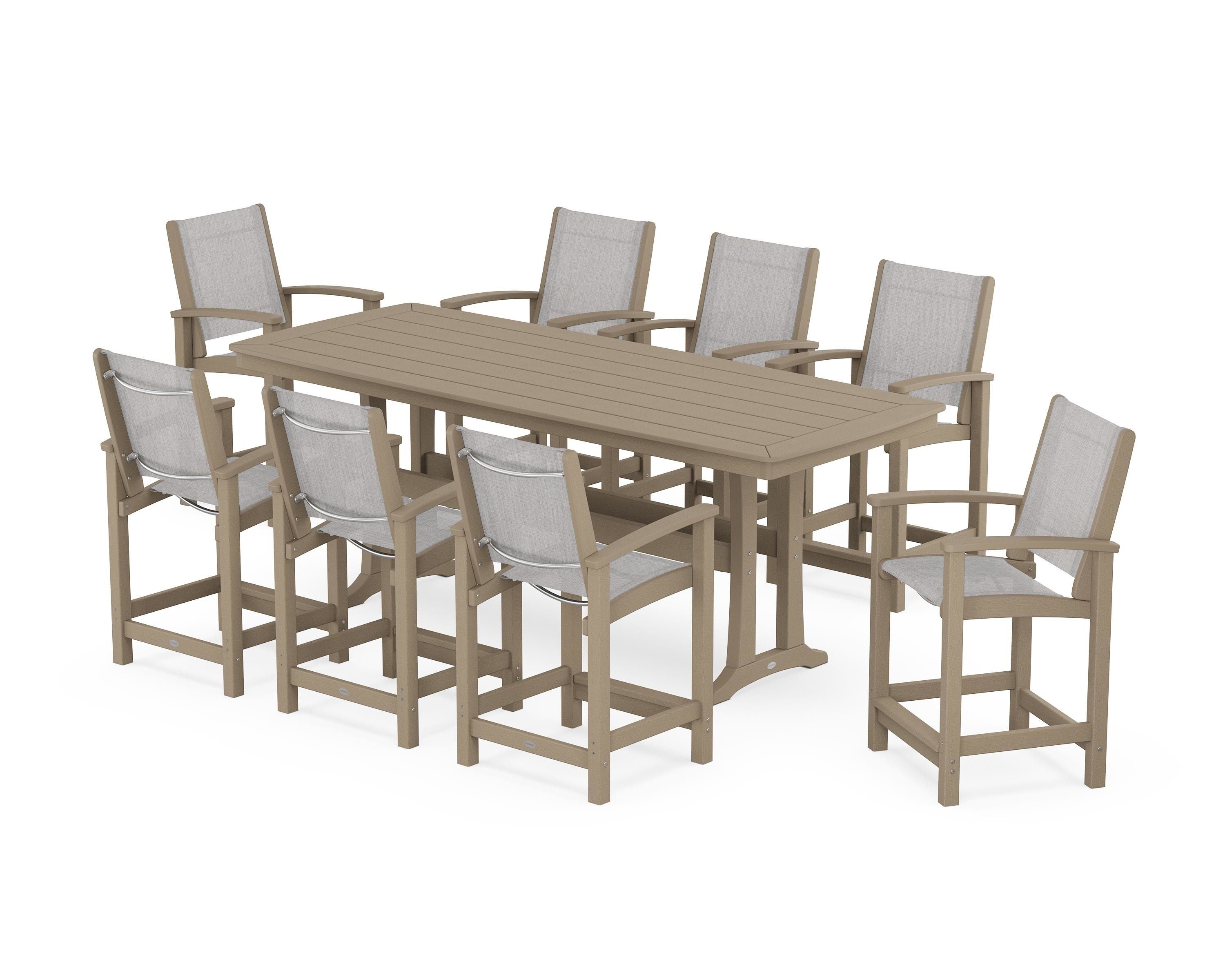 POLYWOOD Coastal 9-Piece Counter Set with Trestle Legs in Vintage Sahara / Parchment Sling