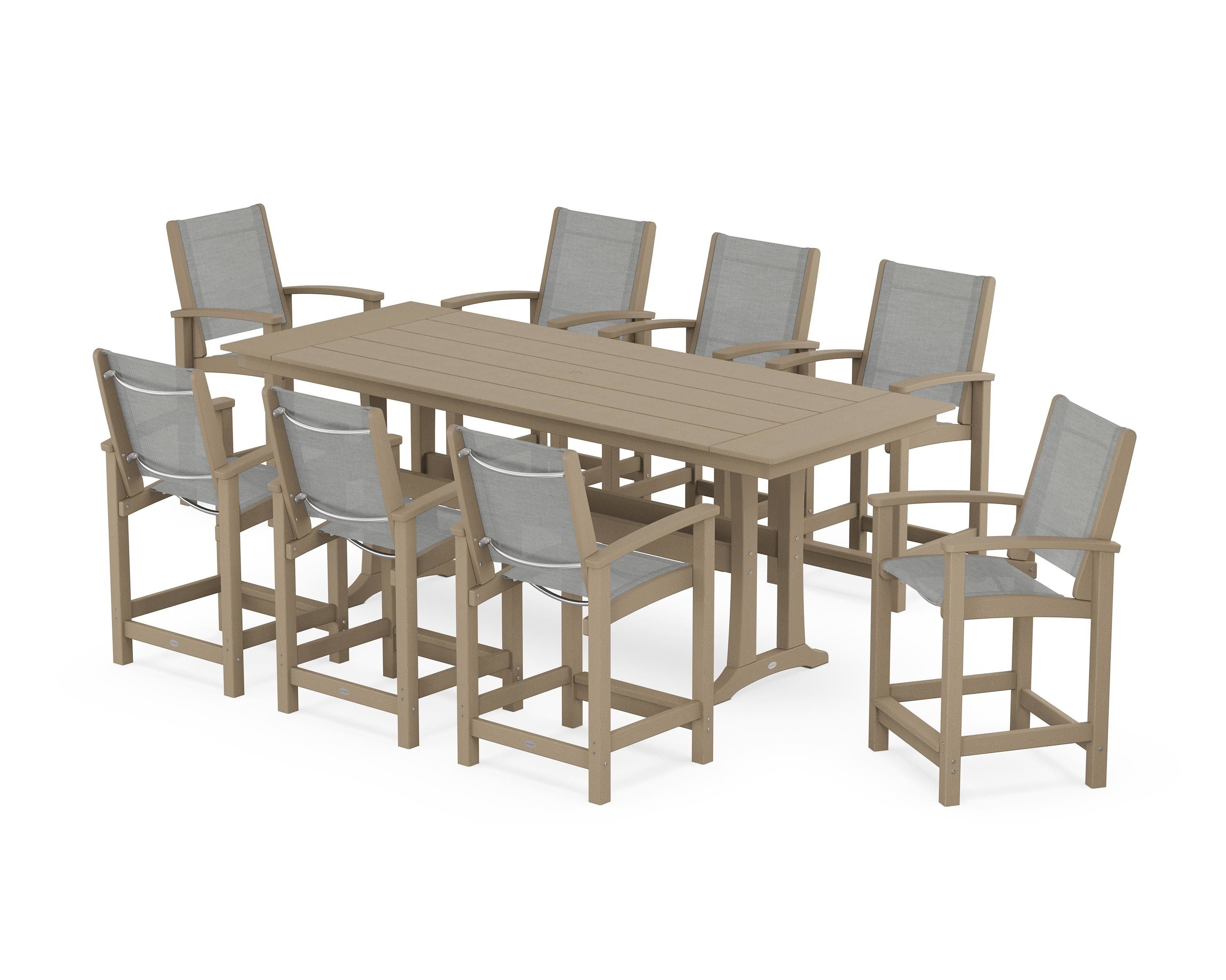 POLYWOOD Coastal 9-Piece Farmhouse Counter Set with Trestle Legs in Vintage Sahara / Metallic Sling