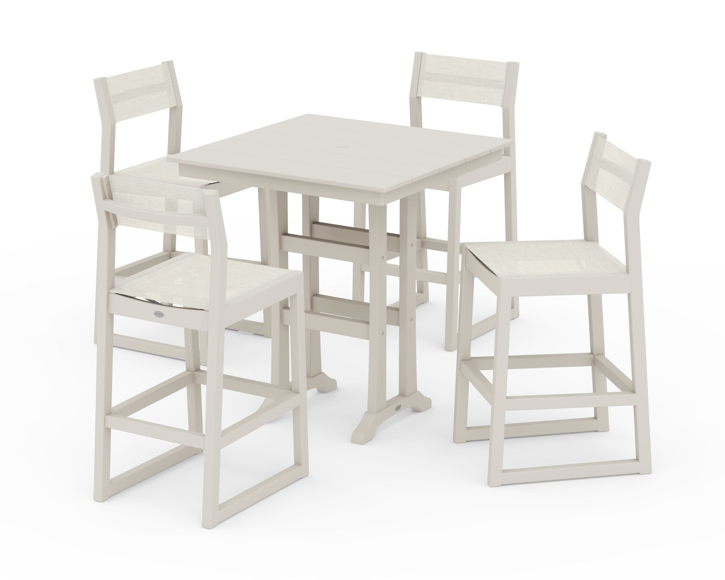 POLYWOOD EDGE Sling Arm Chair 5-Piece Farmhouse Bar Set with Trestle Legs in Sand / Parchment Sling