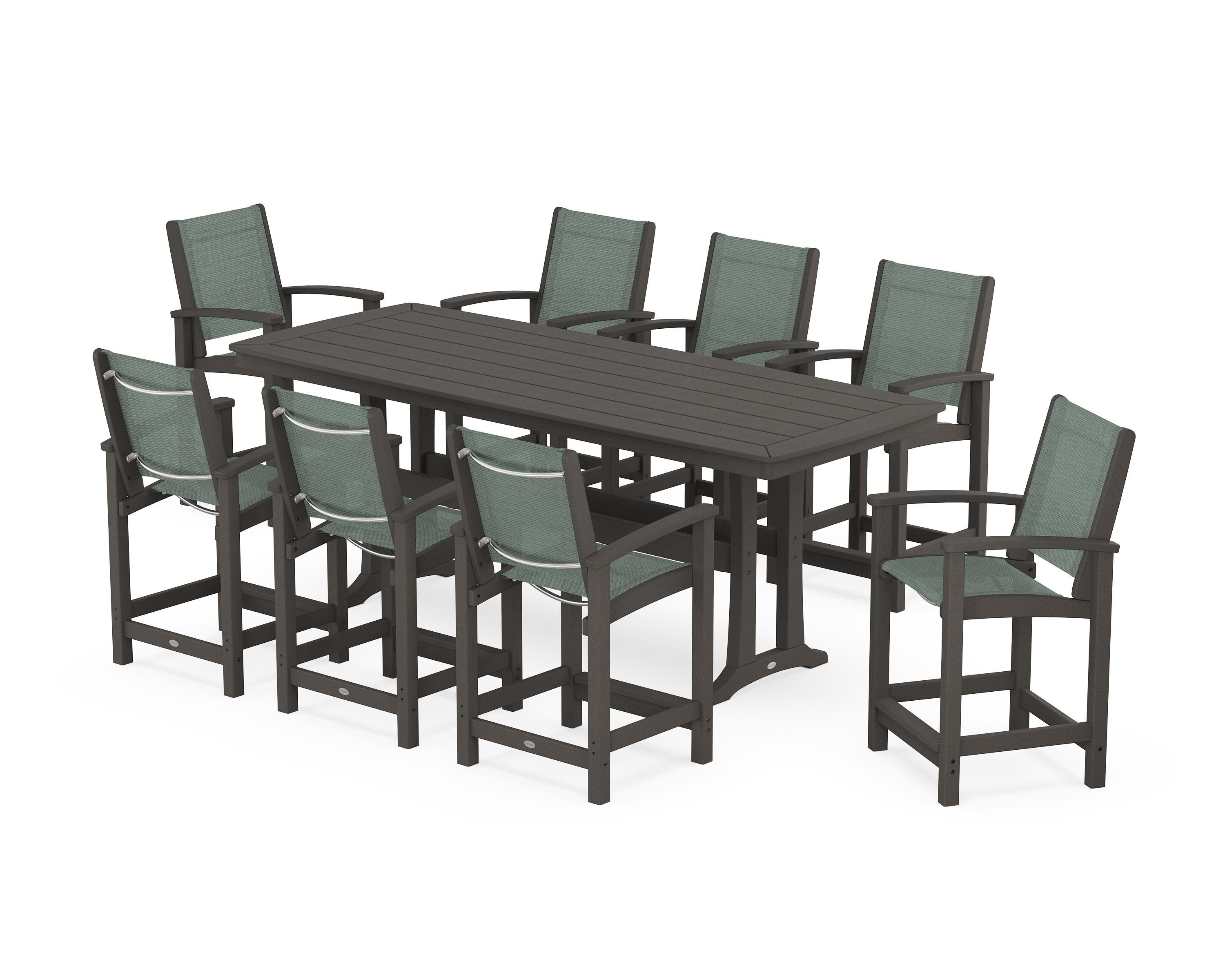 POLYWOOD Coastal 9-Piece Counter Set with Trestle Legs in Vintage Coffee / Dupioni Sea Mist Sling