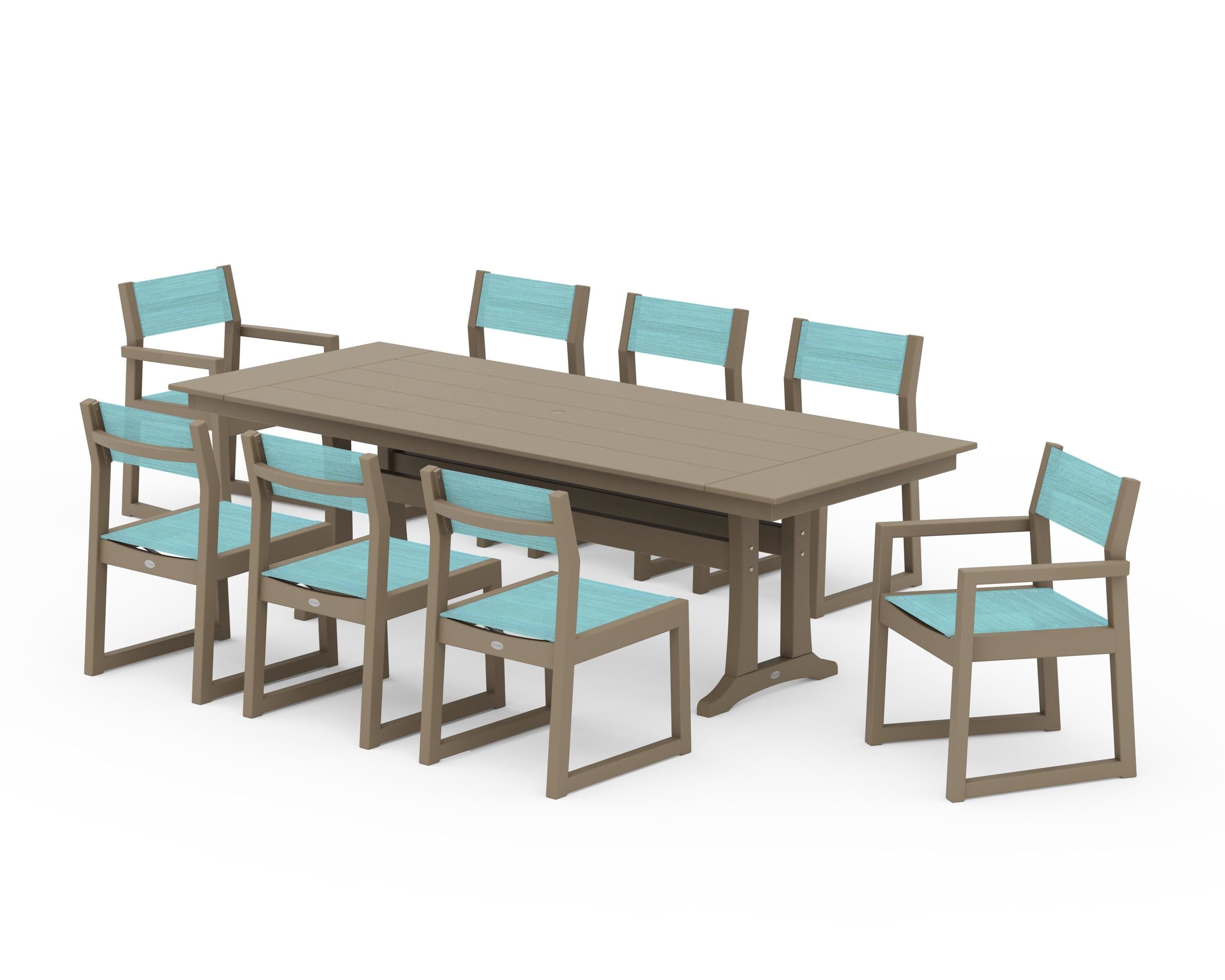 POLYWOOD EDGE Sling 9-Piece Farmhouse Trestle Dining Set in Vintage Sahara / Dupioni Aquamarine Sling
