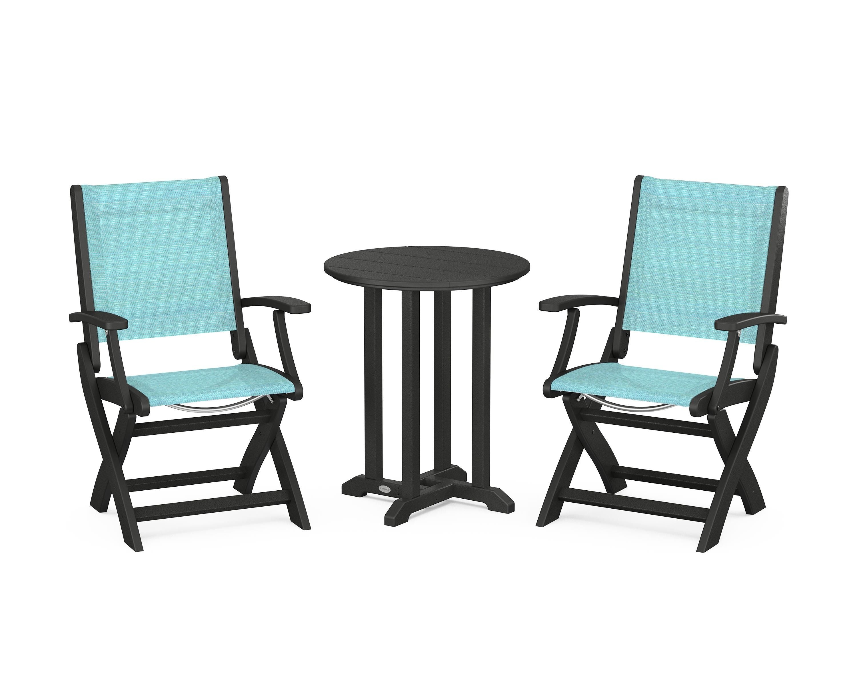 POLYWOOD Coastal Folding 3-Piece Round Bistro Dining Set in Black / Dupioni Aquamarine Sling