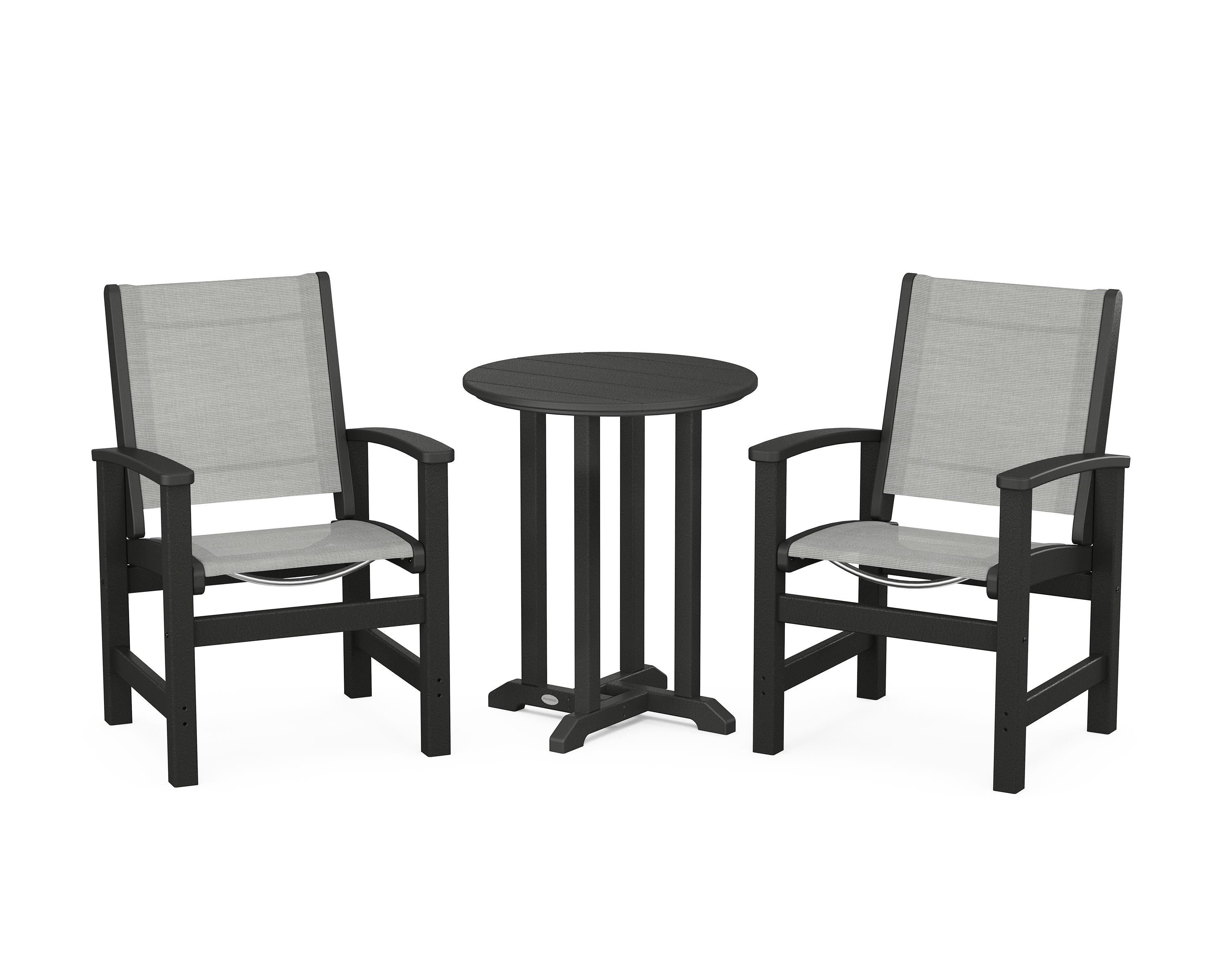 POLYWOOD Coastal 3-Piece Round Bistro Dining Set in Black / Metallic Sling