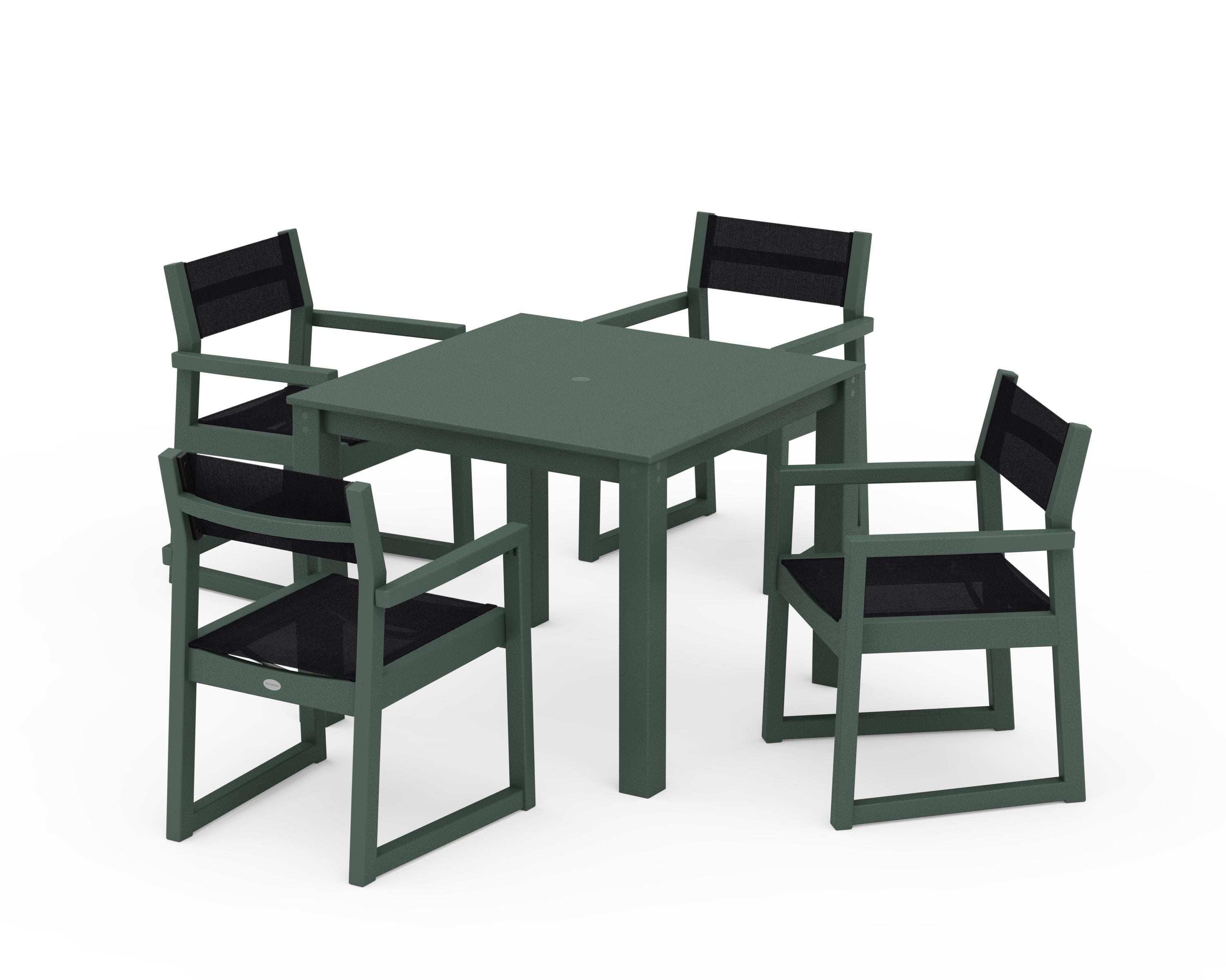 POLYWOOD EDGE Sling Arm Chair 5-Piece Parsons Dining Set in Green / Black Sling