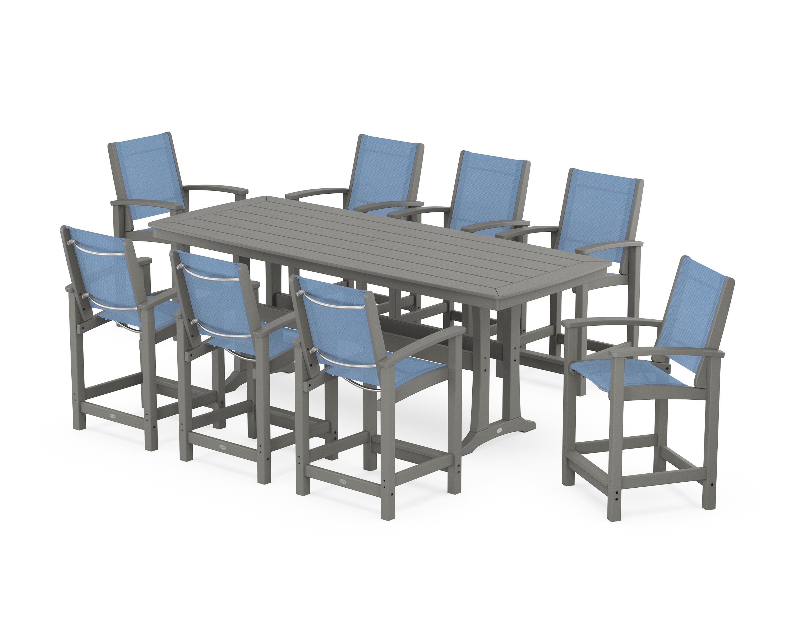POLYWOOD Coastal 9-Piece Counter Set with Trestle Legs in Slate Grey / Poolside Sling
