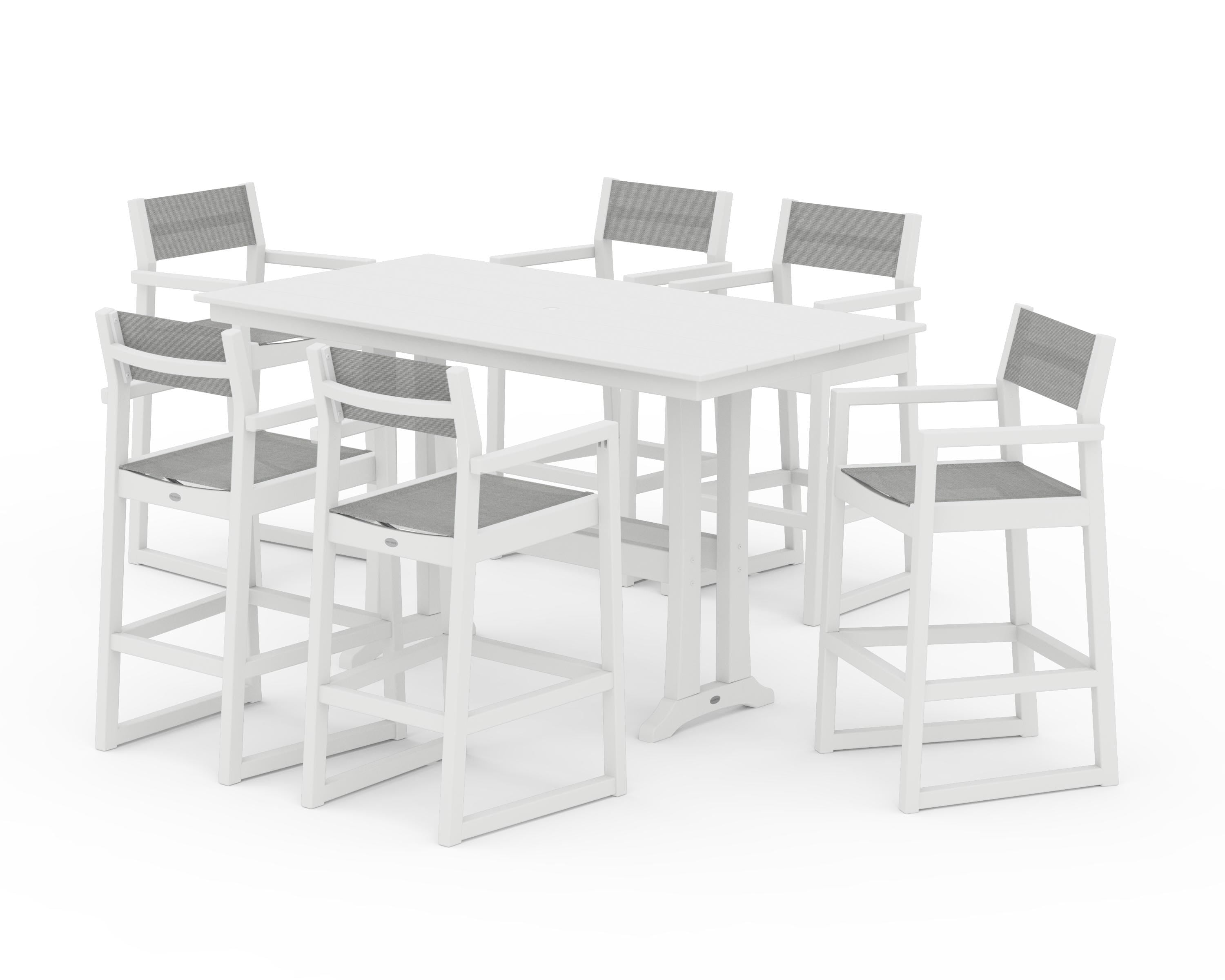 POLYWOOD EDGE Sling Arm Chair 7-Piece Farmhouse Bar Set with Trestle Legs in White / Metallic Sling