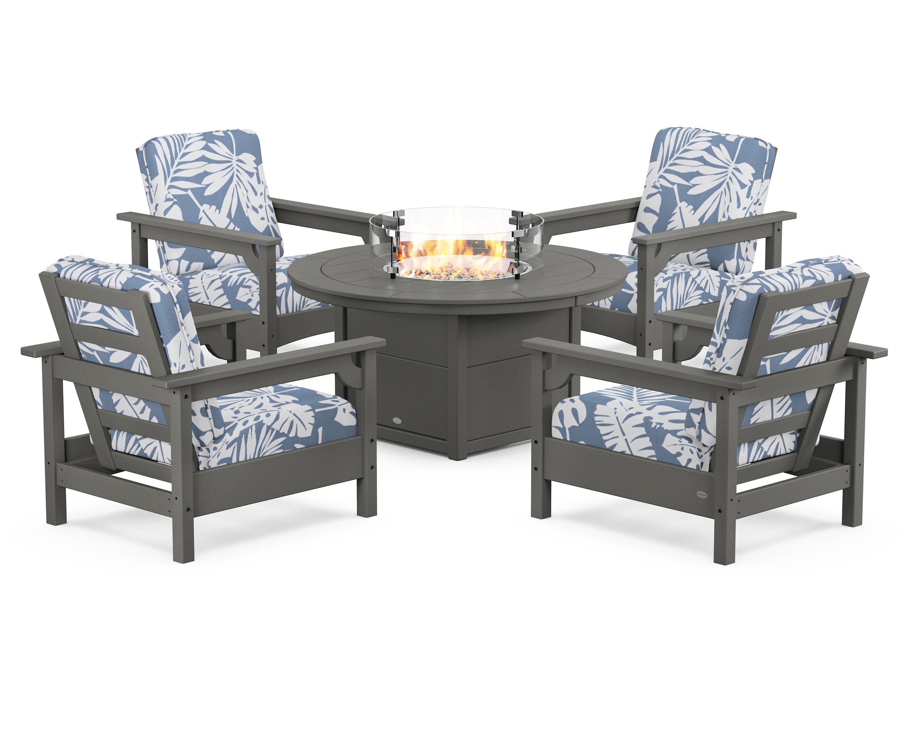 POLYWOOD Club 5-Piece Conversation Set with Fire Pit Table in Slate Grey / Leaf Sky Blue