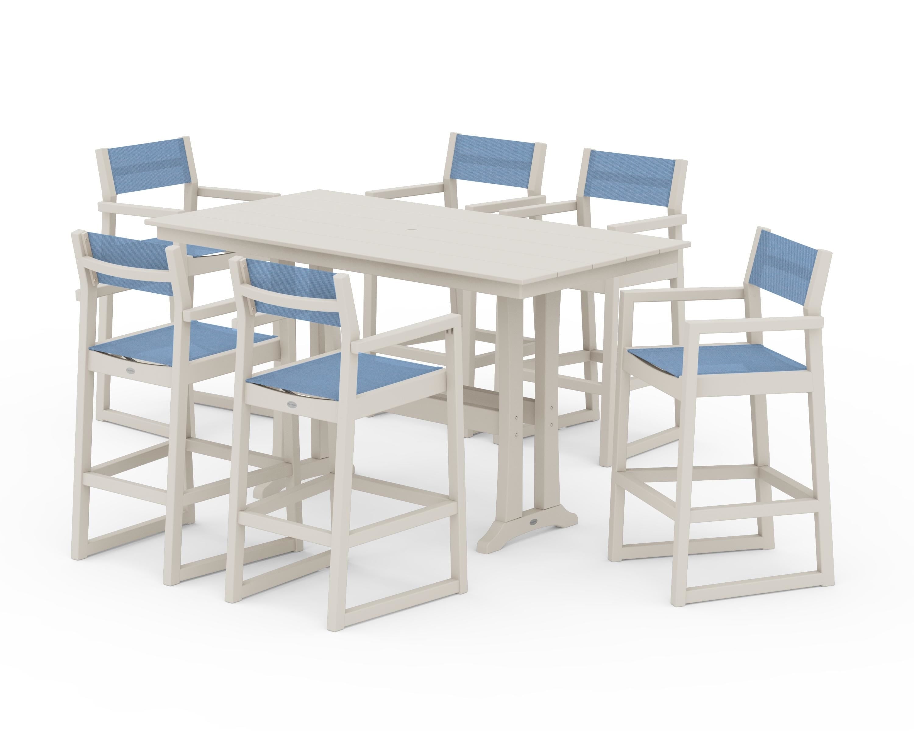POLYWOOD EDGE Sling Arm Chair 7-Piece Farmhouse Bar Set with Trestle Legs in Sand / Poolside Sling