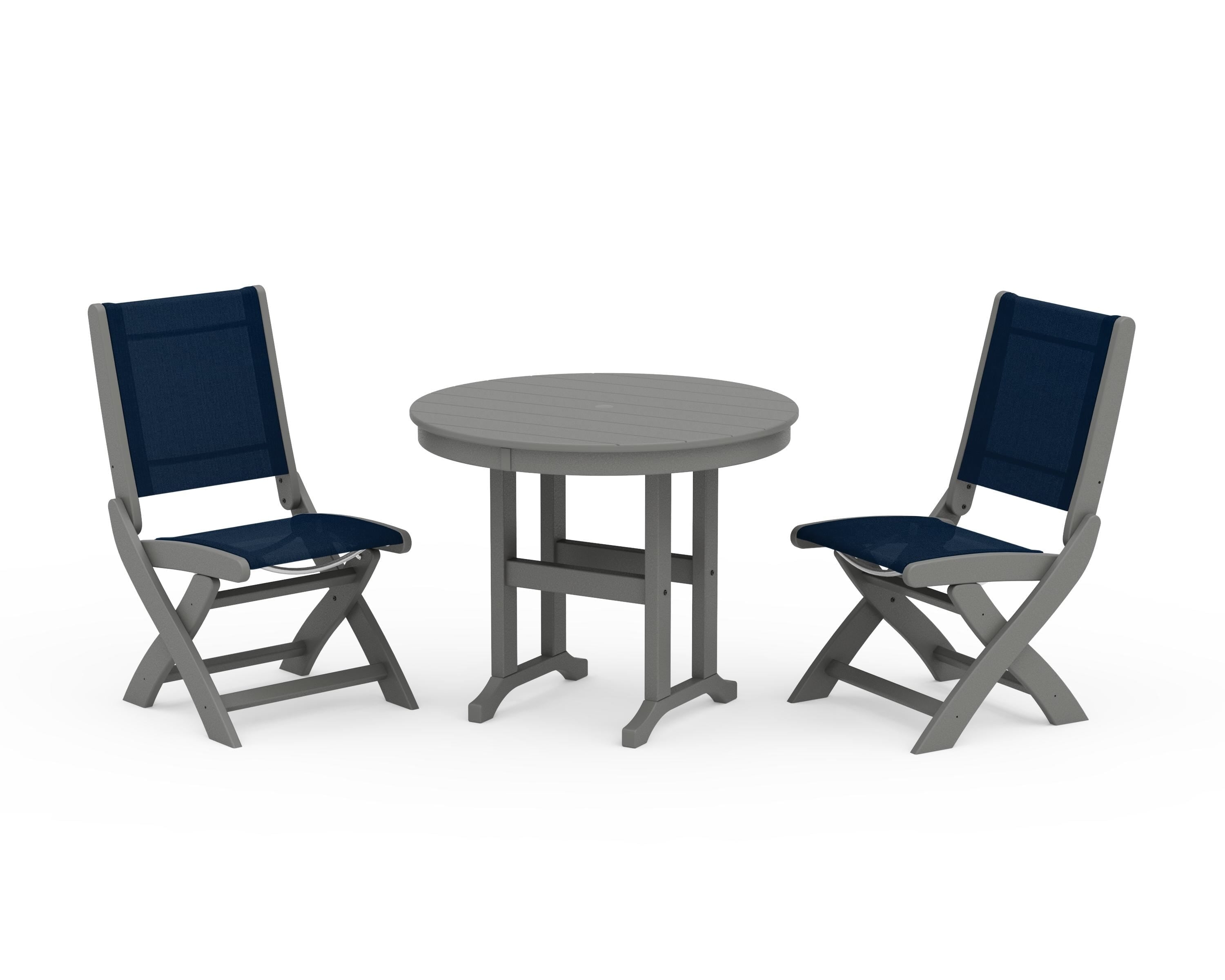 POLYWOOD Coastal Folding Side Chair 3-Piece Round Dining Set in Slate Grey / Navy Blue Sling