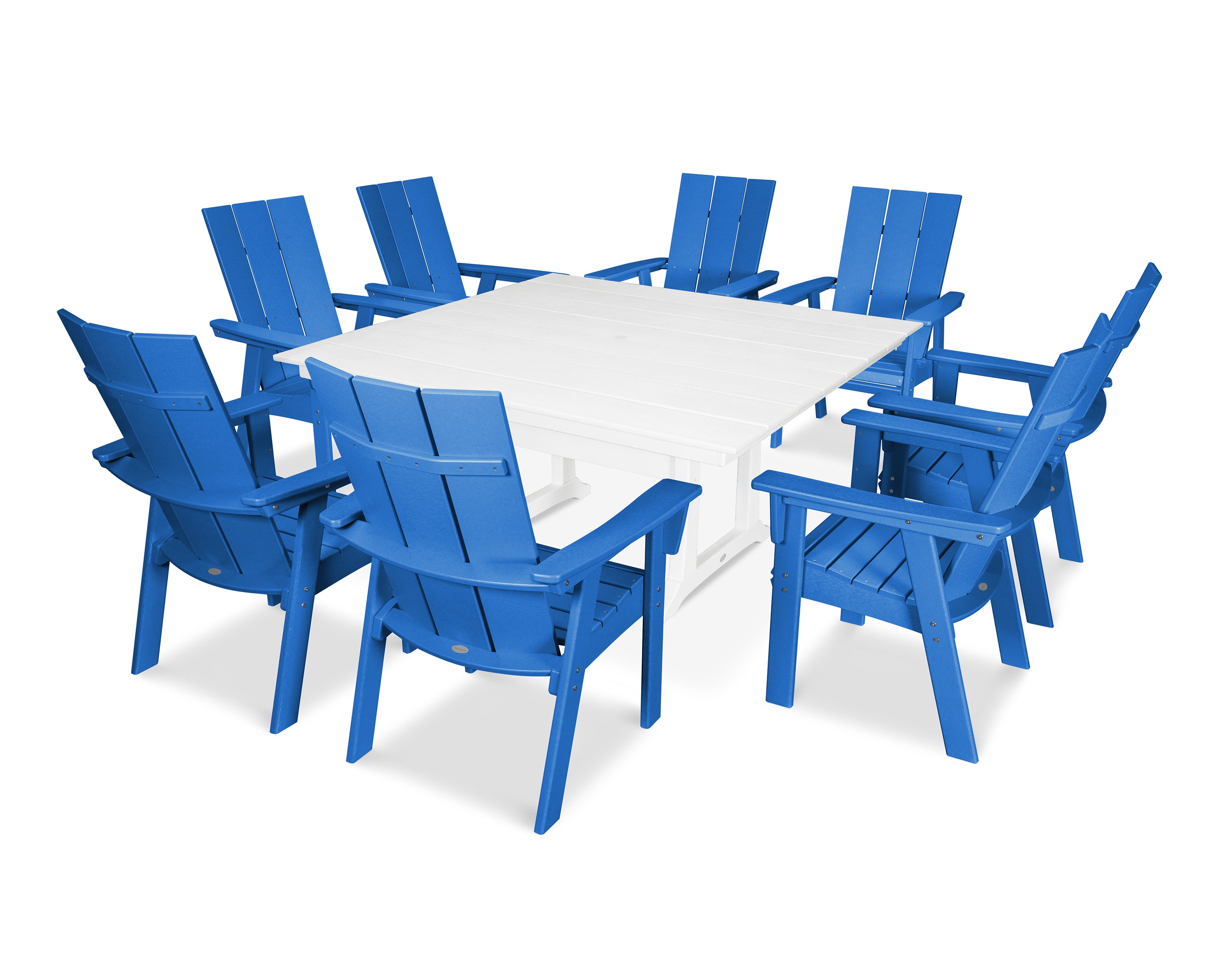 POLYWOOD® Modern Curveback Adirondack 9-Piece Farmhouse Trestle Dining Set in Pacific Blue / White