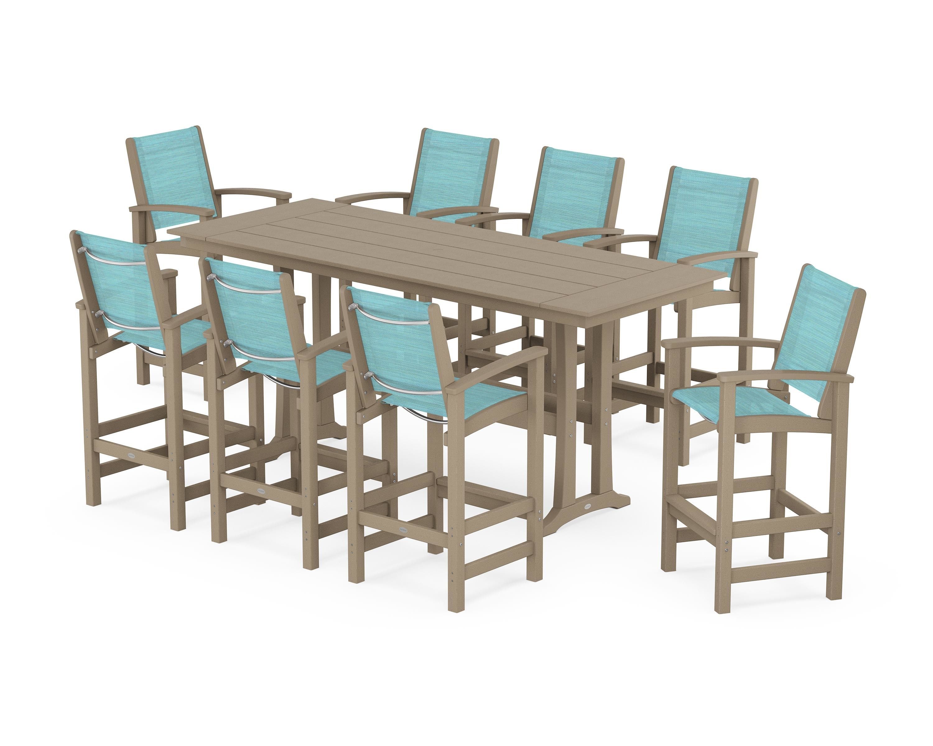POLYWOOD Coastal 9-Piece Farmhouse Bar Set with Trestle Legs in Vintage Sahara / Dupioni Aquamarine Sling