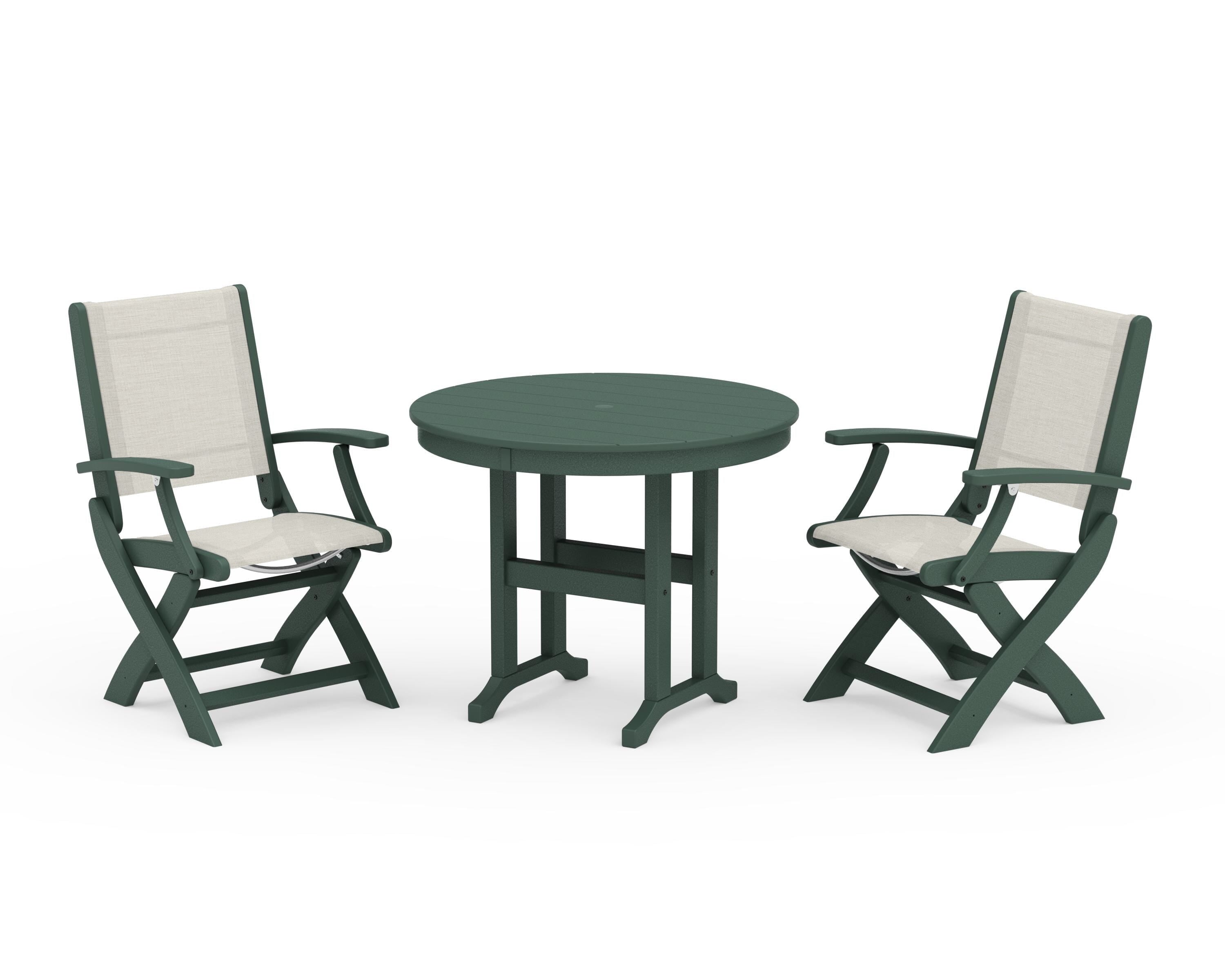 POLYWOOD Coastal Folding Chair 3-Piece Round Dining Set in Green / Parchment Sling