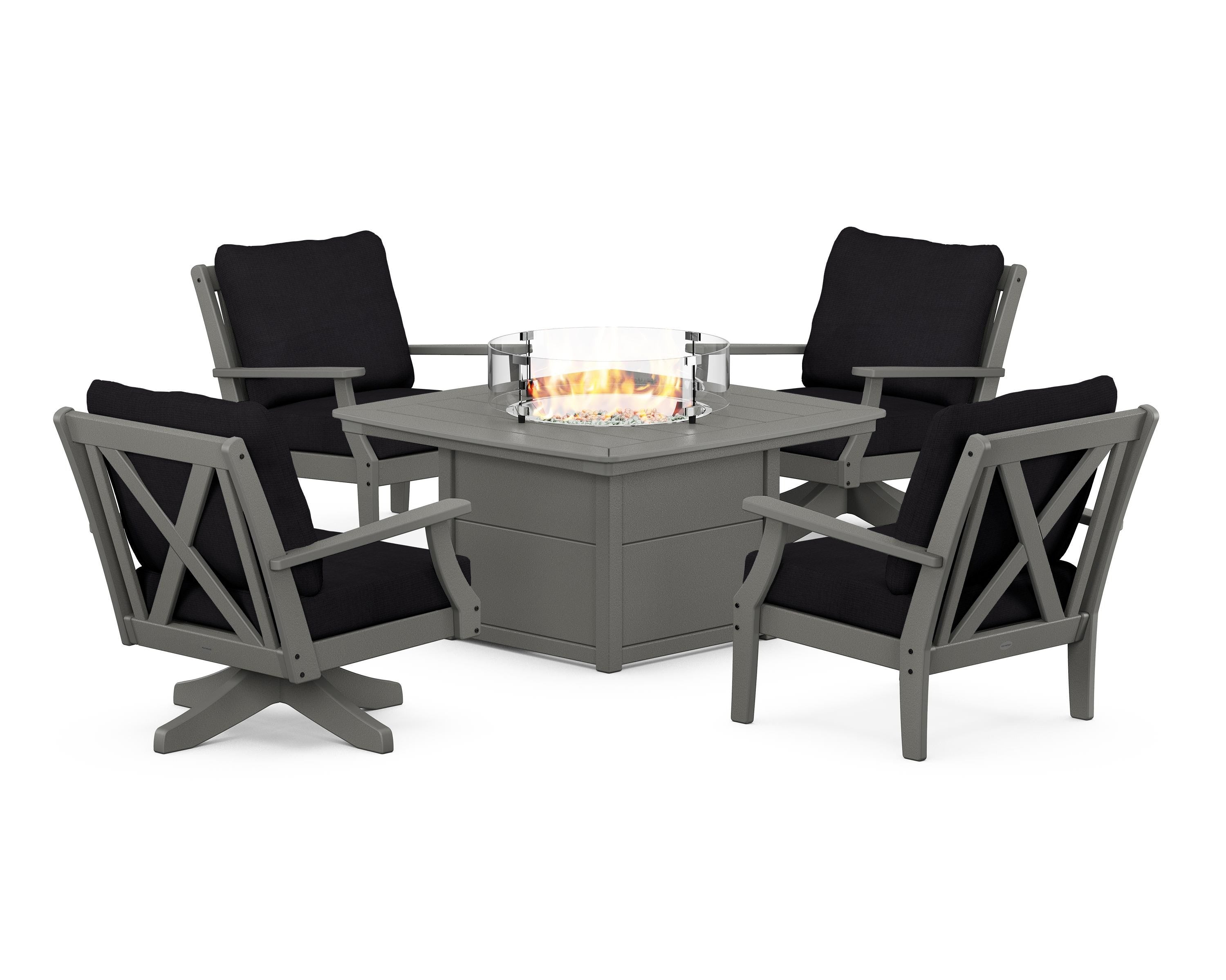 POLYWOOD Braxton 5-Piece Deep Seating Set with Fire Table in Slate Grey / Midnight Linen