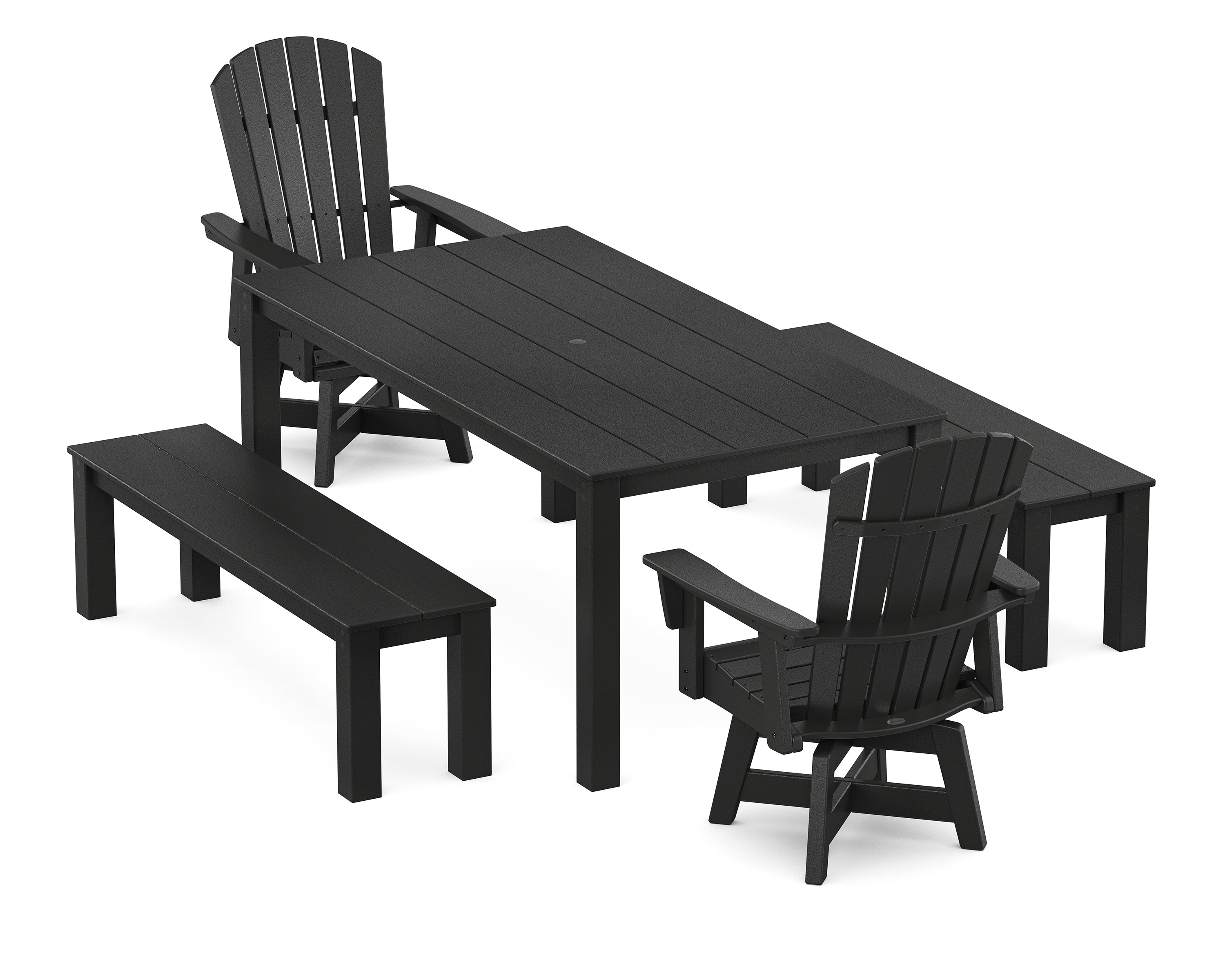 POLYWOOD Nautical Curveback Adirondack Swivel 5-Piece Parsons Dining Set with Benches in Black