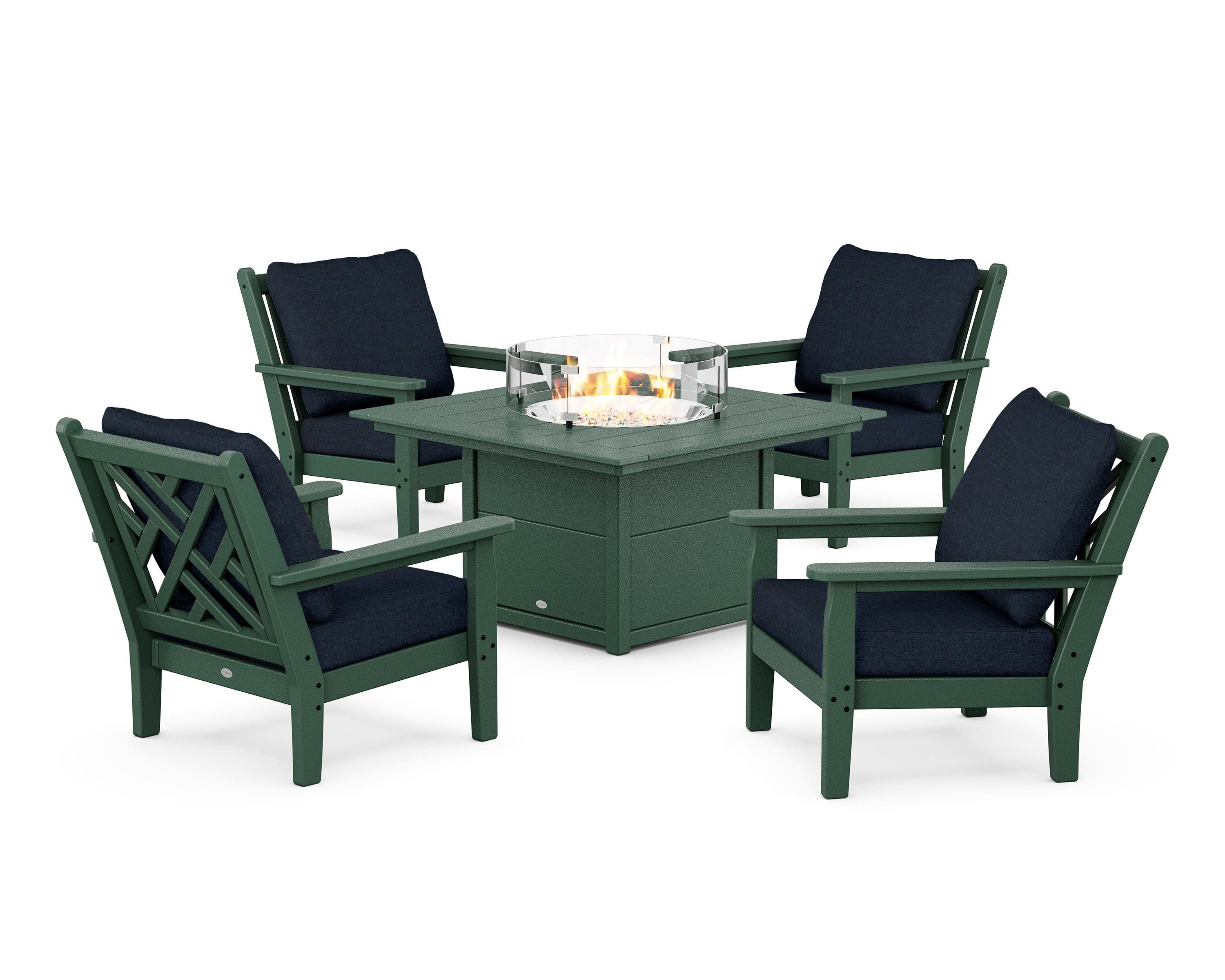 POLYWOOD Chippendale 5-Piece Deep Seating Set with Fire Pit Table in Green / Marine Indigo