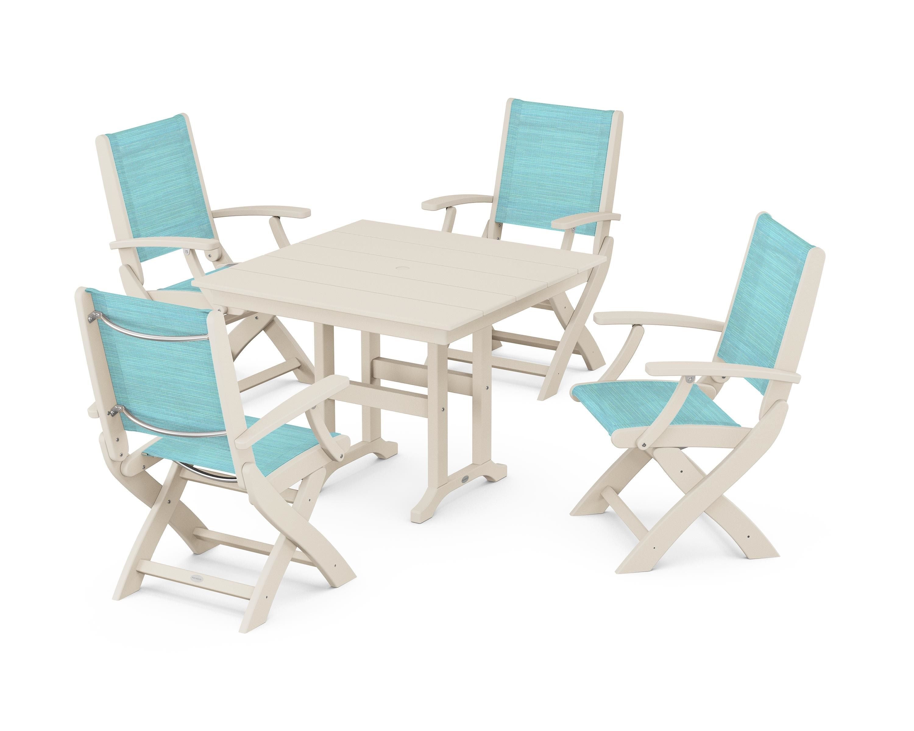 POLYWOOD Coastal Folding Chair 5-Piece Farmhouse Dining Set in Sand / Dupioni Aquamarine Sling