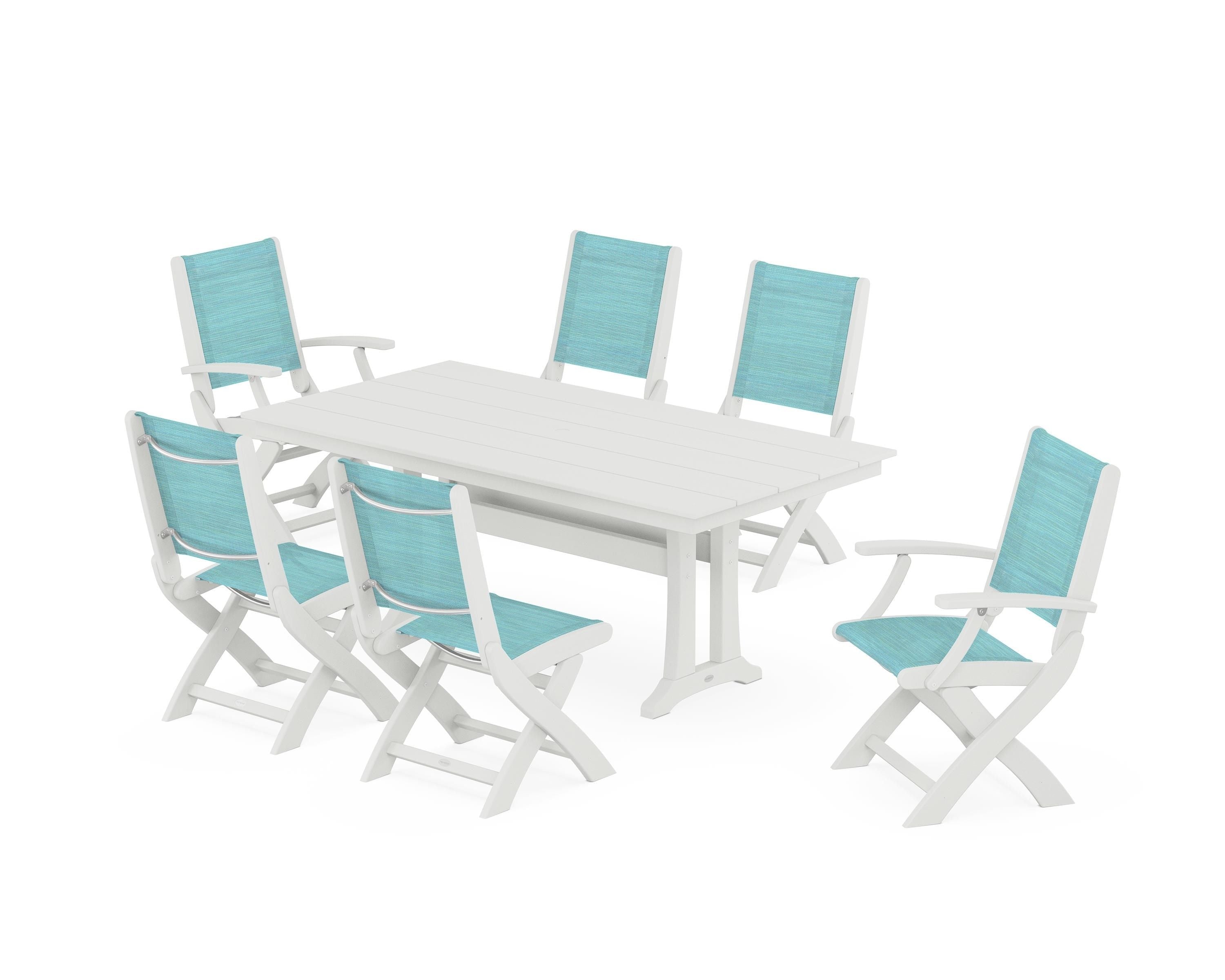 POLYWOOD Coastal Folding Chair 7-Piece Farmhouse Dining Set with Trestle Legs in Vintage White / Dupioni Aquamarine Sling