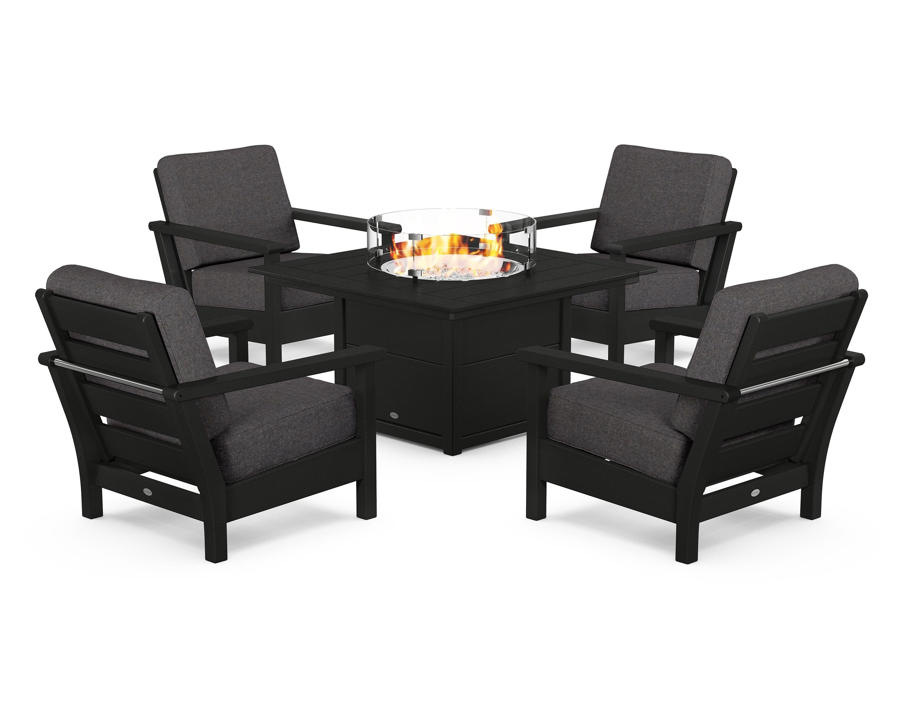 POLYWOOD Harbour 5-Piece Conversation Set with Fire Pit Table in Black / Ash Charcoal