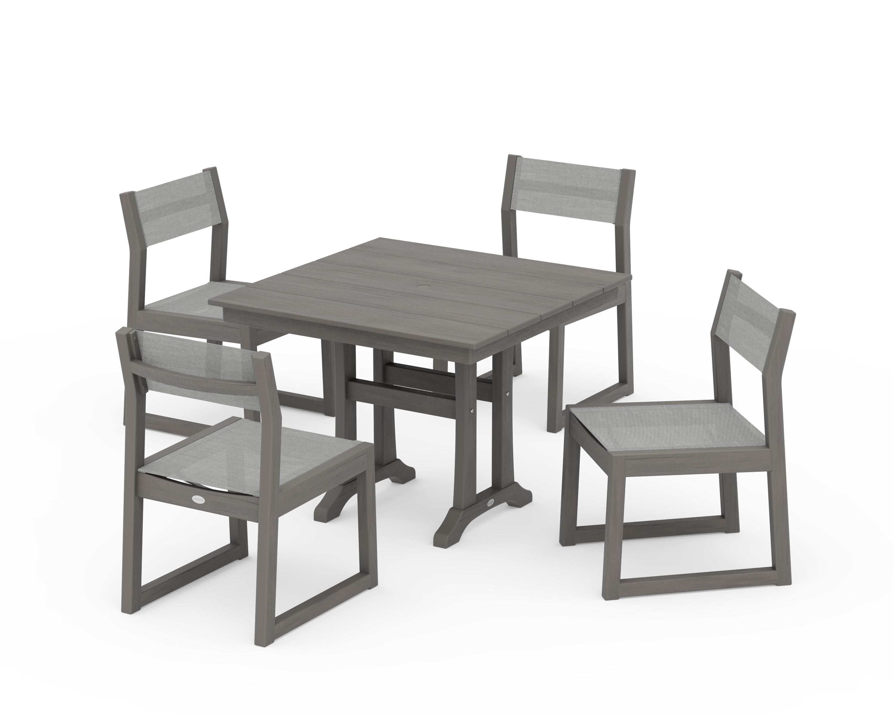 POLYWOOD EDGE Sling 5-Piece Farmhouse Trestle Side Chair Dining Set in Driftwood / Metallic Sling