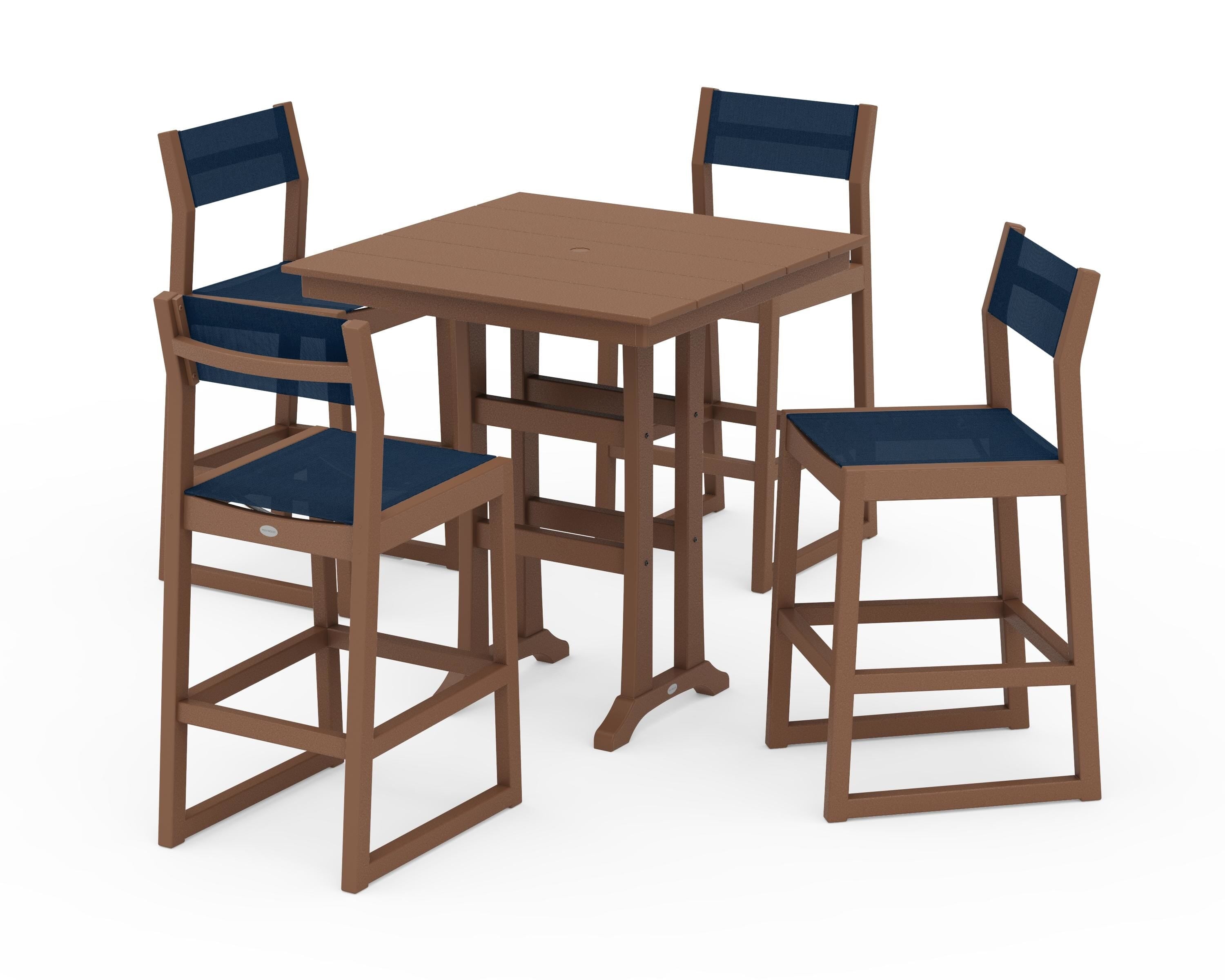 POLYWOOD EDGE Sling Arm Chair 5-Piece Farmhouse Bar Set with Trestle Legs in Teak / Navy Blue Sling