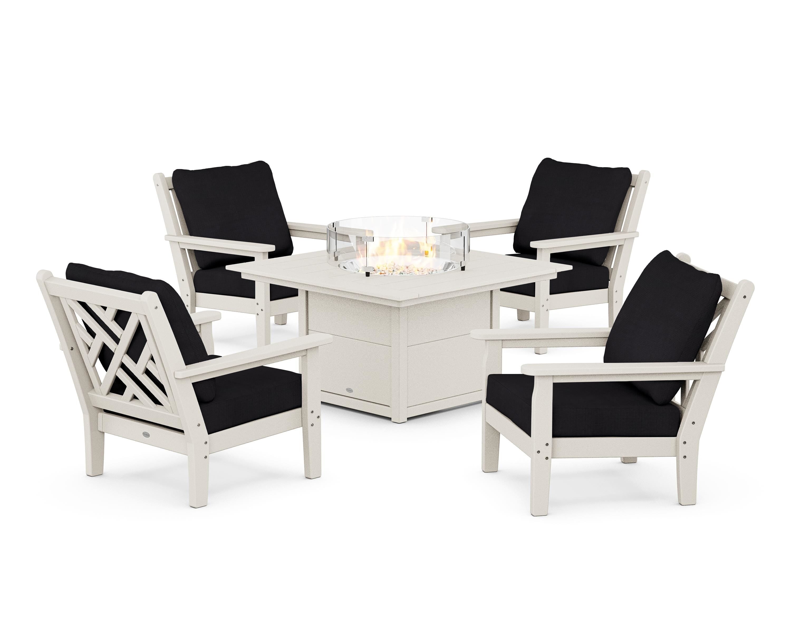 POLYWOOD Chippendale 5-Piece Deep Seating Set with Fire Pit Table in Sand / Midnight Linen