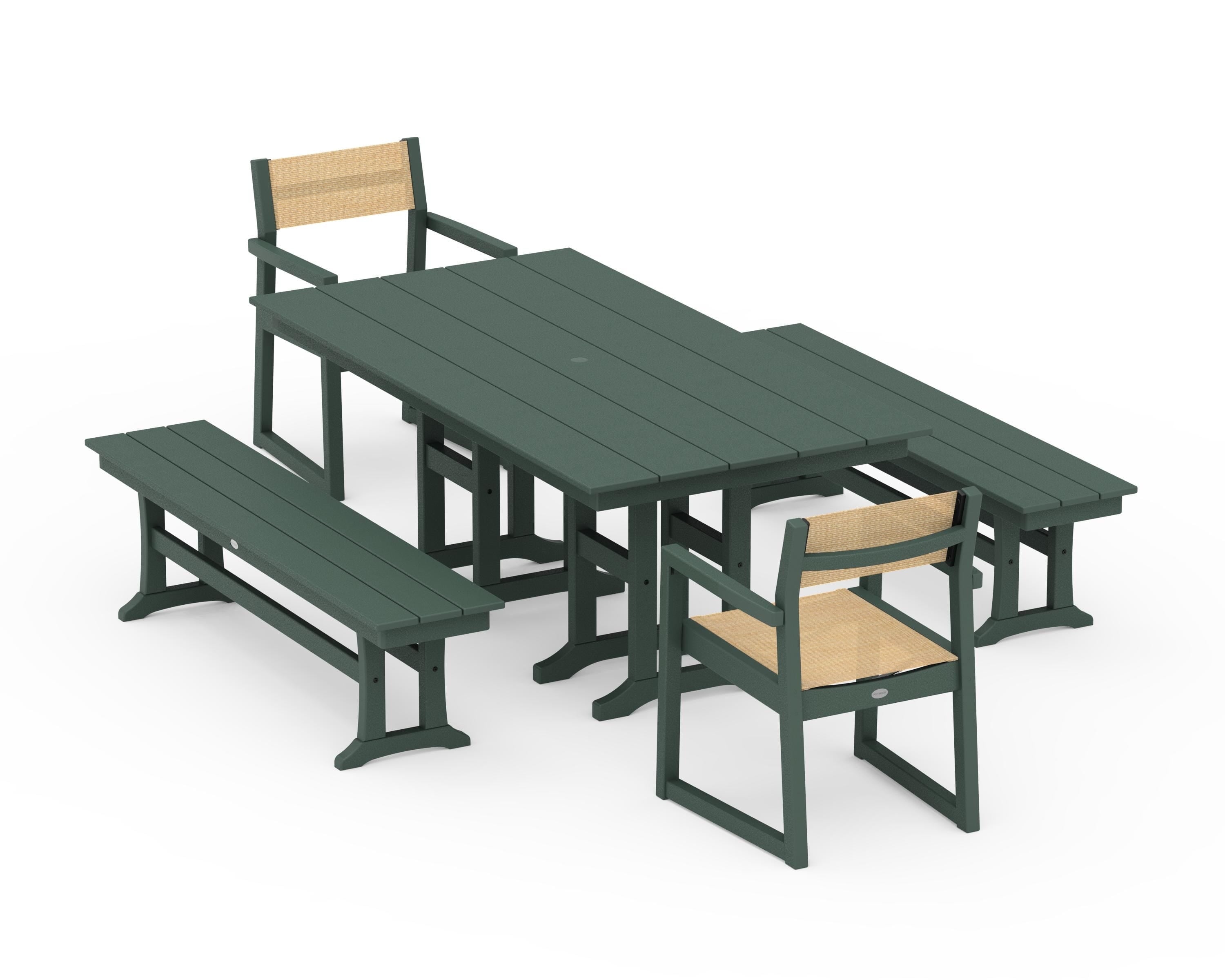 POLYWOOD EDGE Sling Arm Chair 5-Piece Farmhouse Dining Set with Benches in Green / Dupioni Apricot Sling