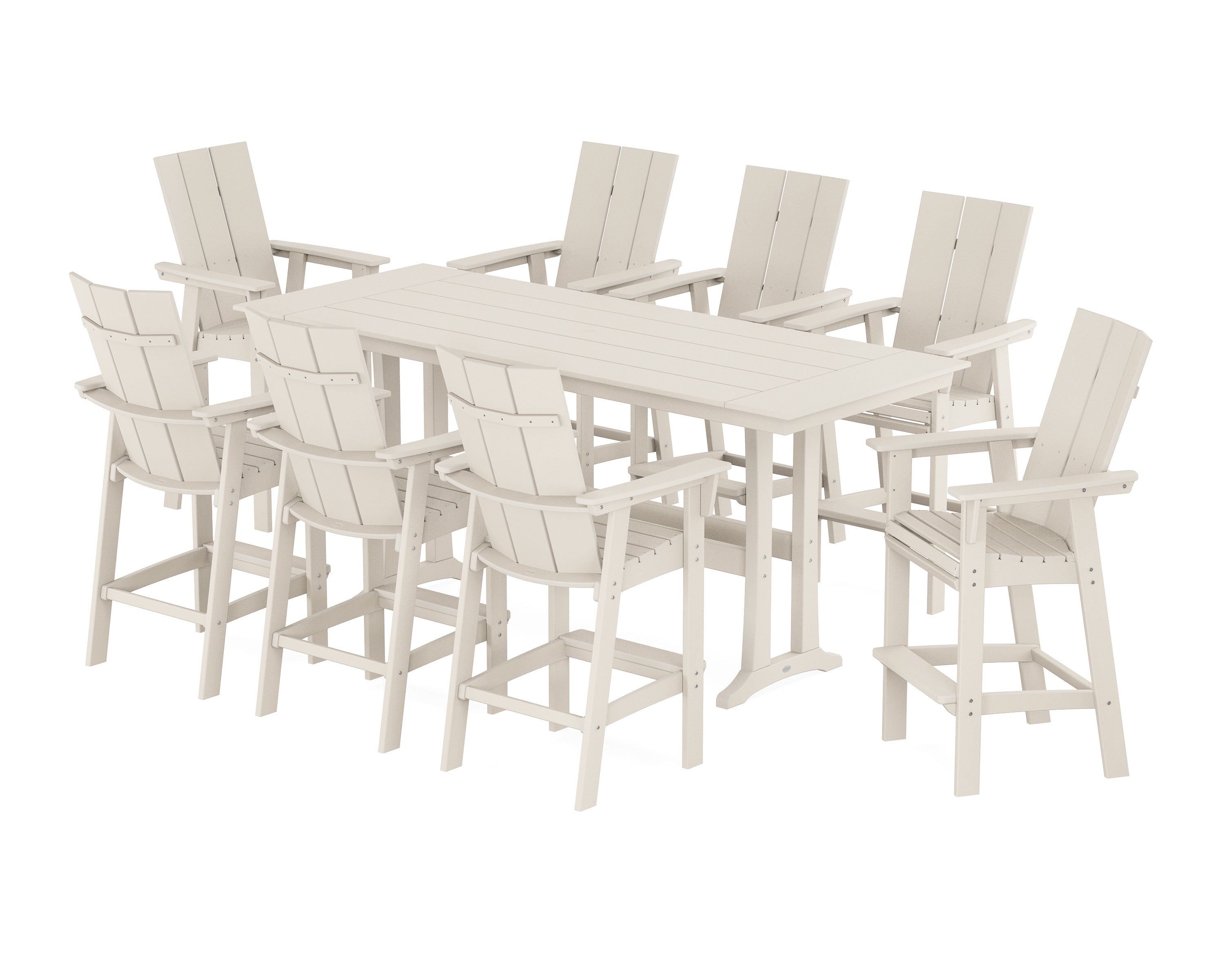 POLYWOOD® Modern Curveback Adirondack 9-Piece Farmhouse Bar Set with Trestle Legs in Sand