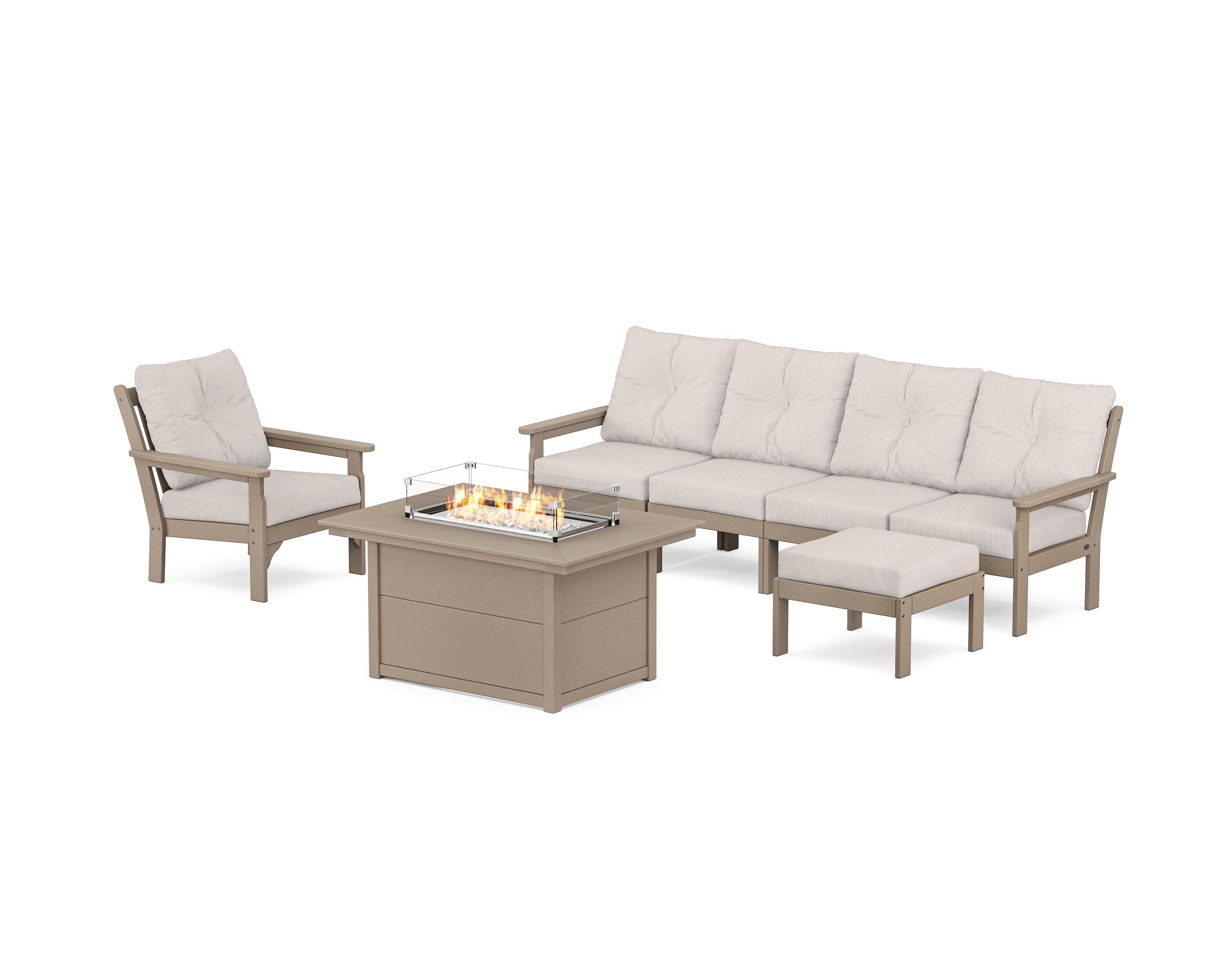 POLYWOOD Vineyard Sectional Lounge and Fire Pit Set in Vintage Sahara / Dune Burlap