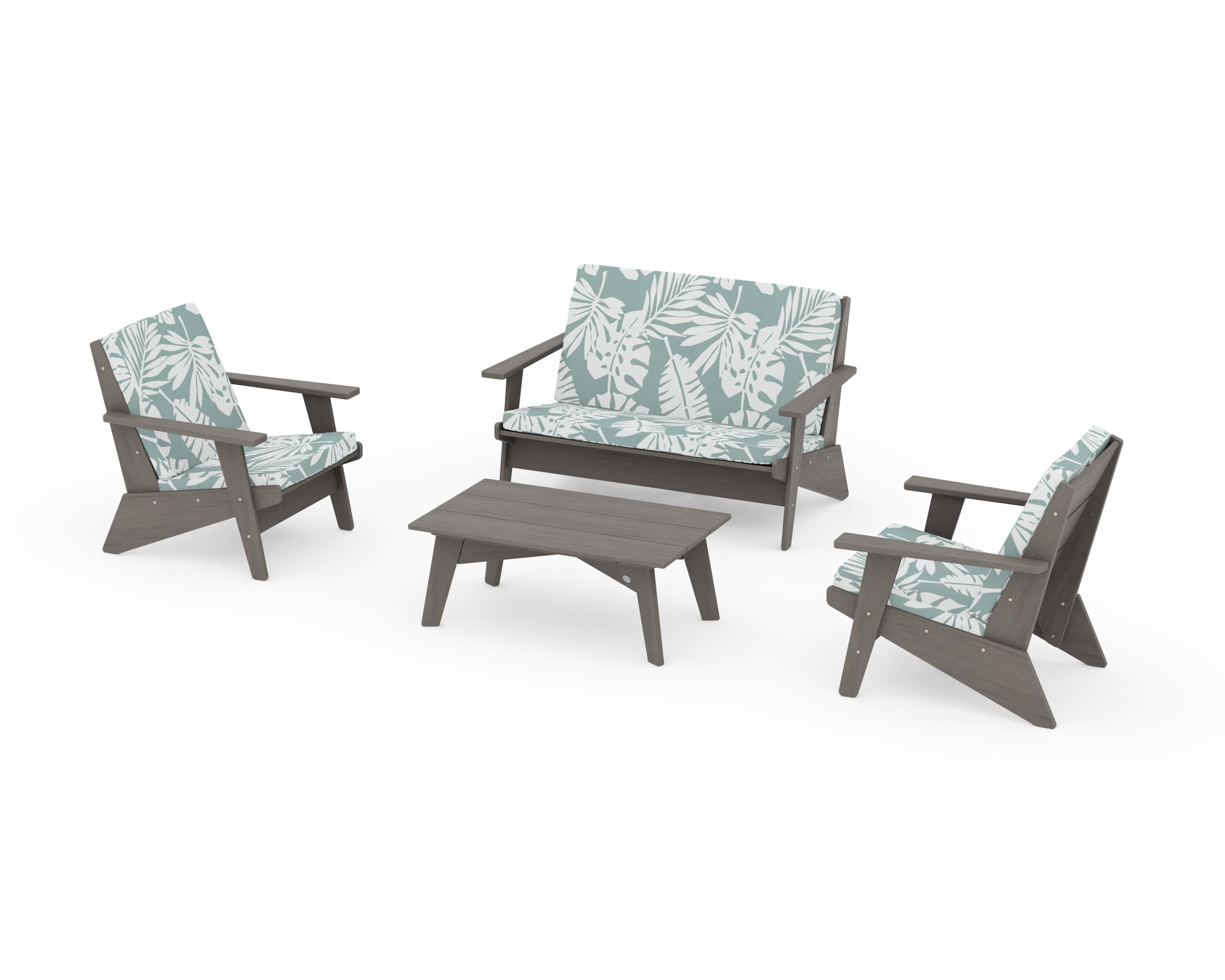 POLYWOOD Riviera Modern Lounge 4-Piece Set in Driftwood / Leaf Glacier Spa