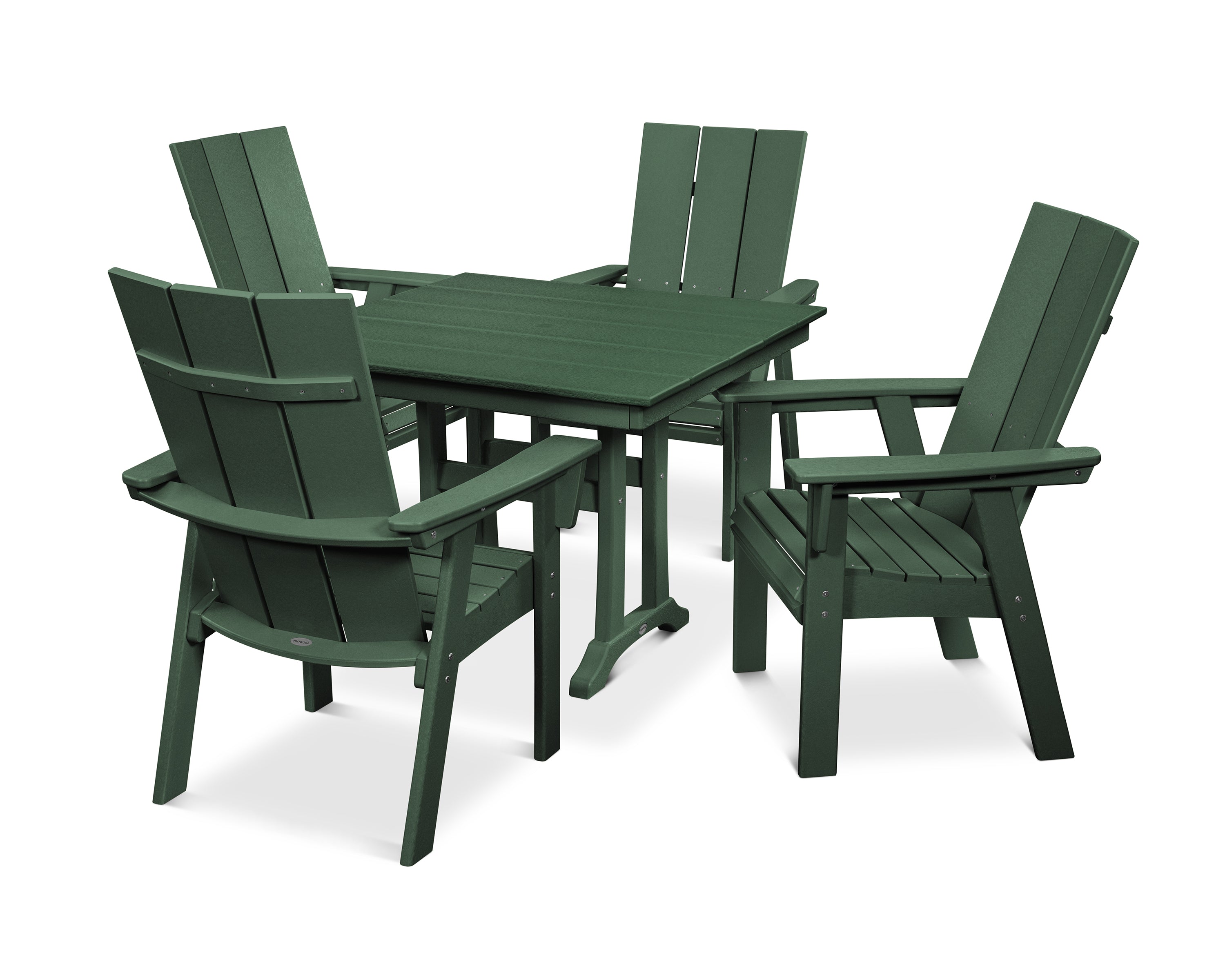 POLYWOOD® Modern Curveback Adirondack 5-Piece Farmhouse Trestle Dining Set in Green