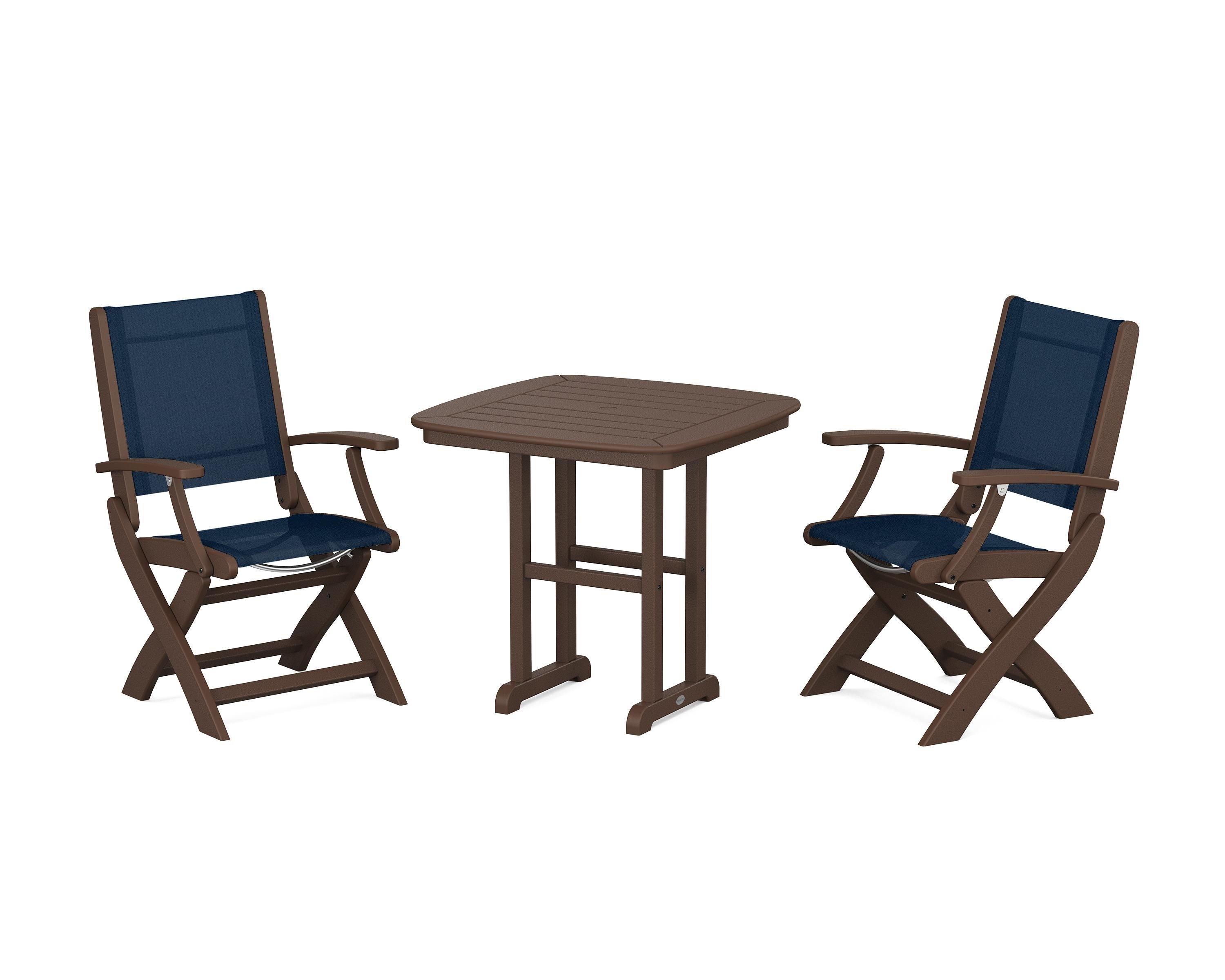 POLYWOOD Coastal Folding Chair 3-Piece Dining Set in Mahogany / Navy Blue Sling