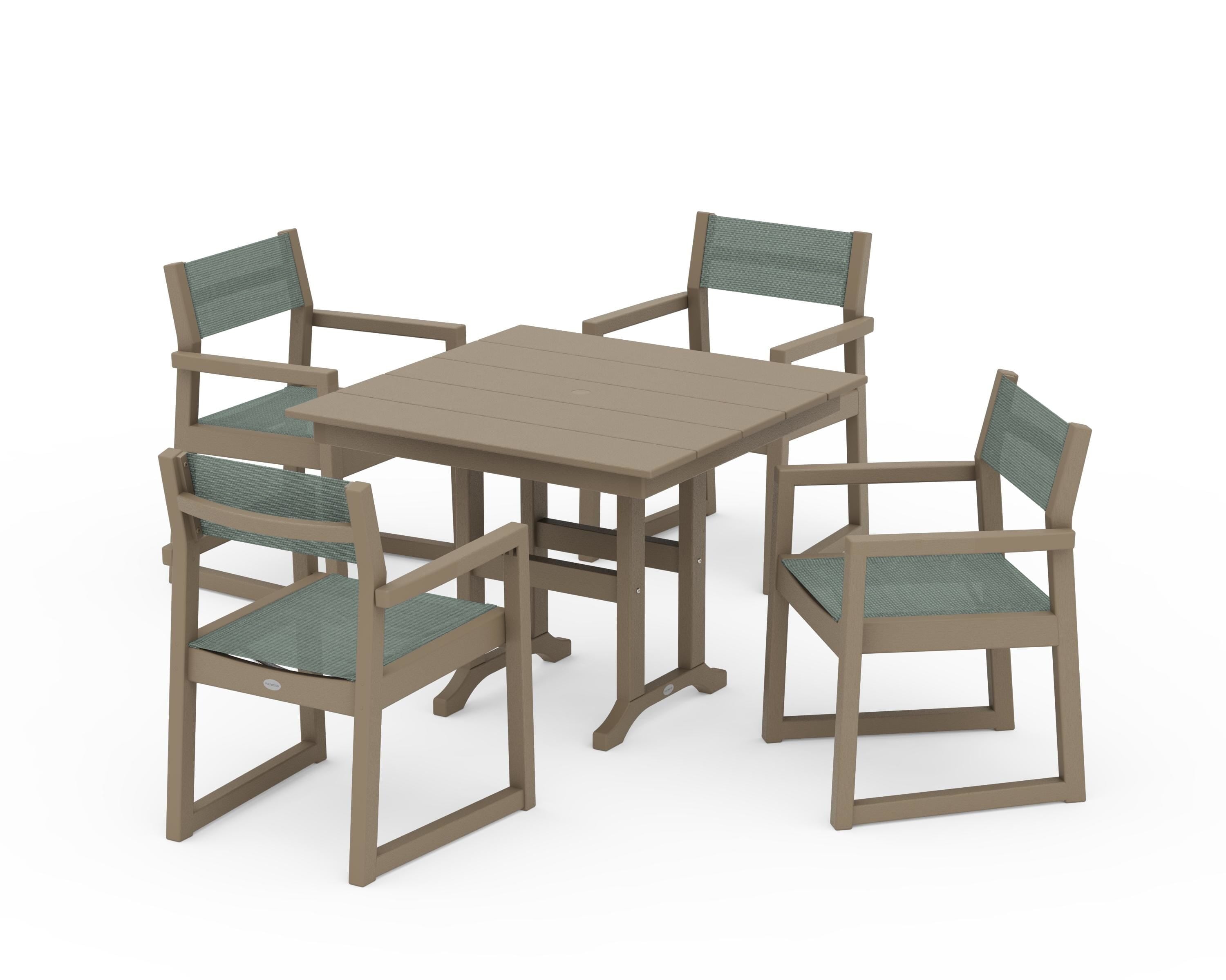 POLYWOOD EDGE Sling Arm Chair 5-Piece Farmhouse Dining Set in Vintage Sahara / Dupioni Sea Mist Sling